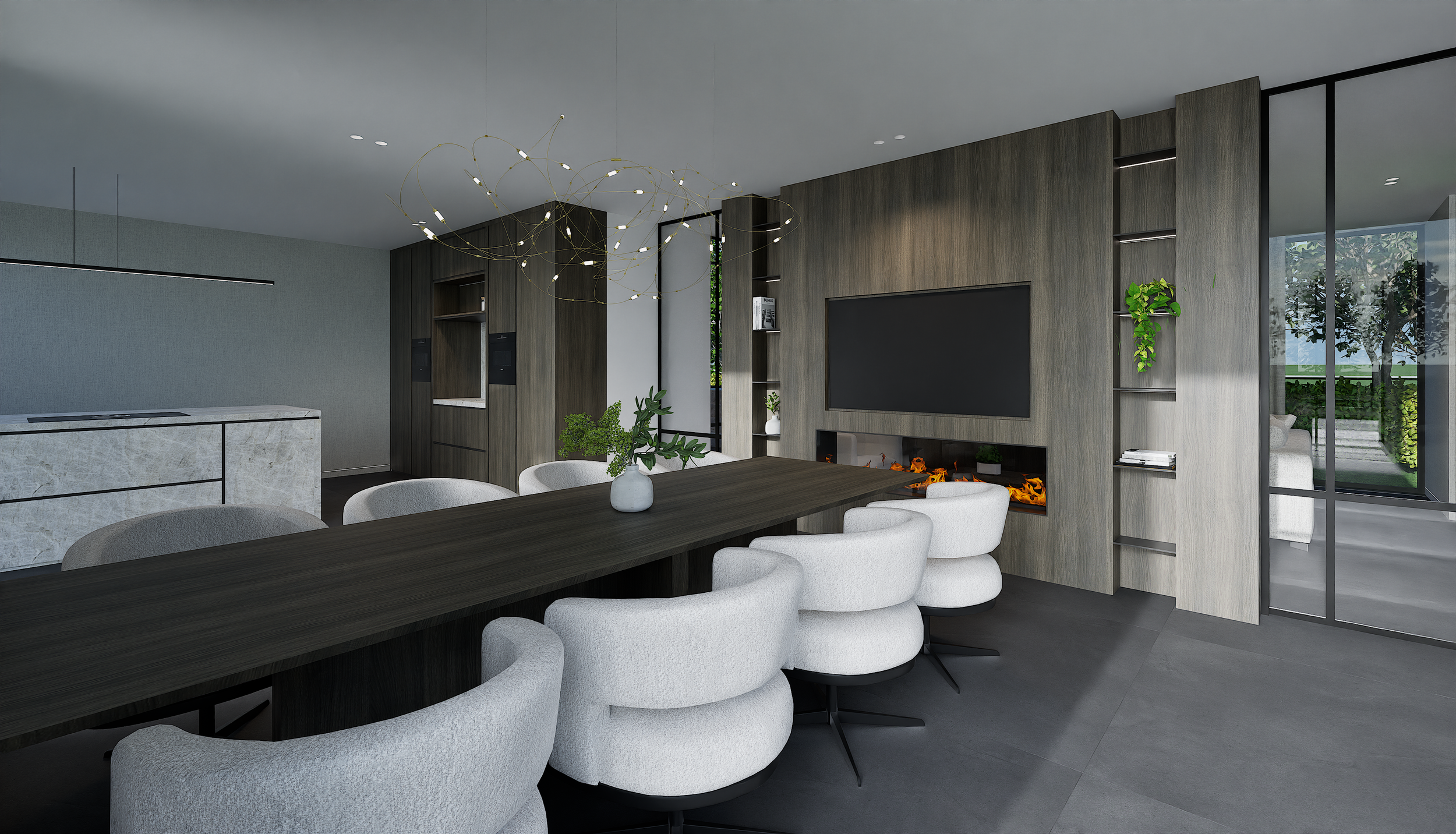 Moderne woonkamer met een eettafel, witte gestoffeerde stoelen, een ingebouwde haard onder een grote tv, en een houten wand met ingebouwde boekenrekken. Groene planten decoreren de ruimte, met grote ramen naar de tuin.