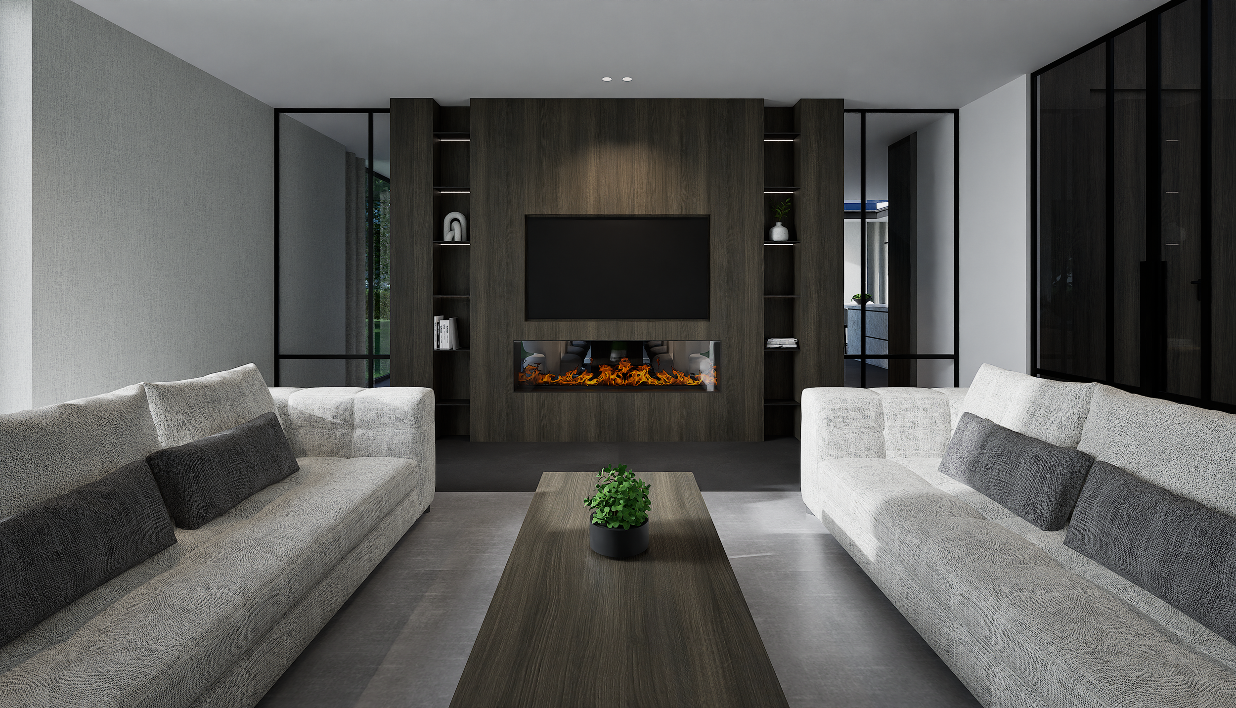 Modern woonkamer met witte en grijze banken, houten tafel met plant, en centrale open haard onder tv, met grote ramen en zwarte kast.