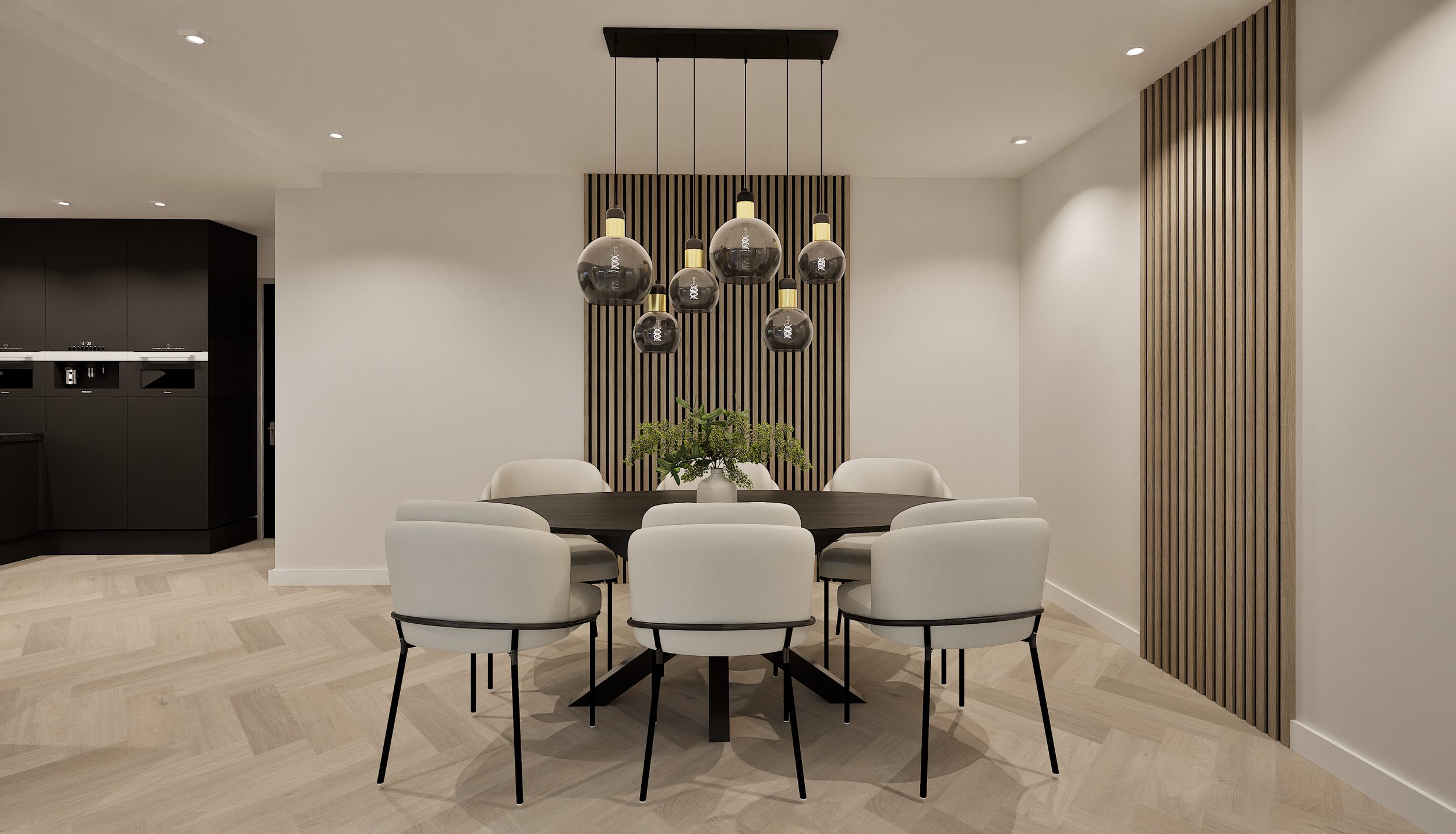 Modern eetkamer met ronde tafel, acht witte stoelen, centrale bloemstuk, houten wanddecoratie en hanglampen