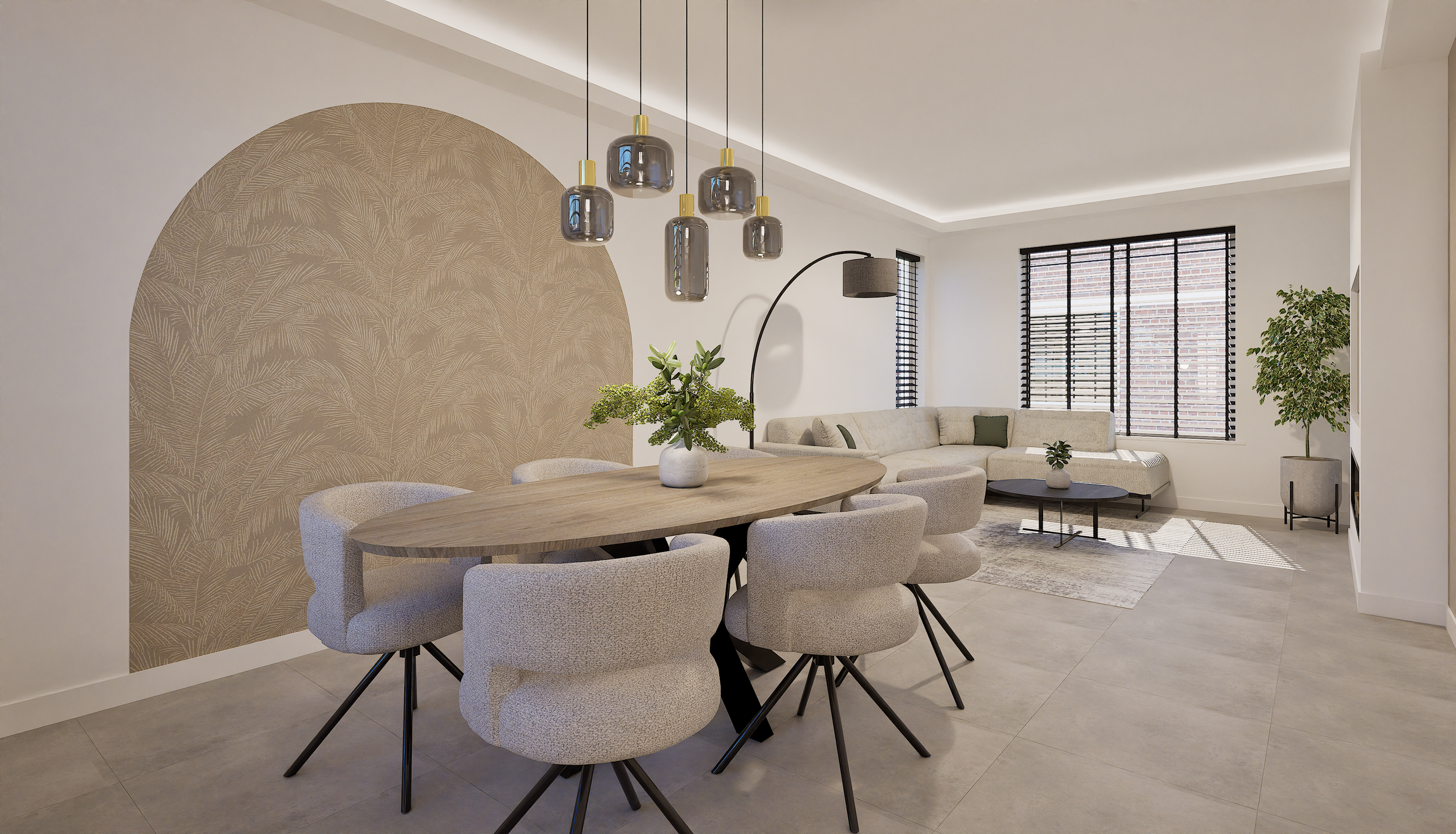 Modern woonkamer met eettafel, zitbank, lamp, planten en grote ramen