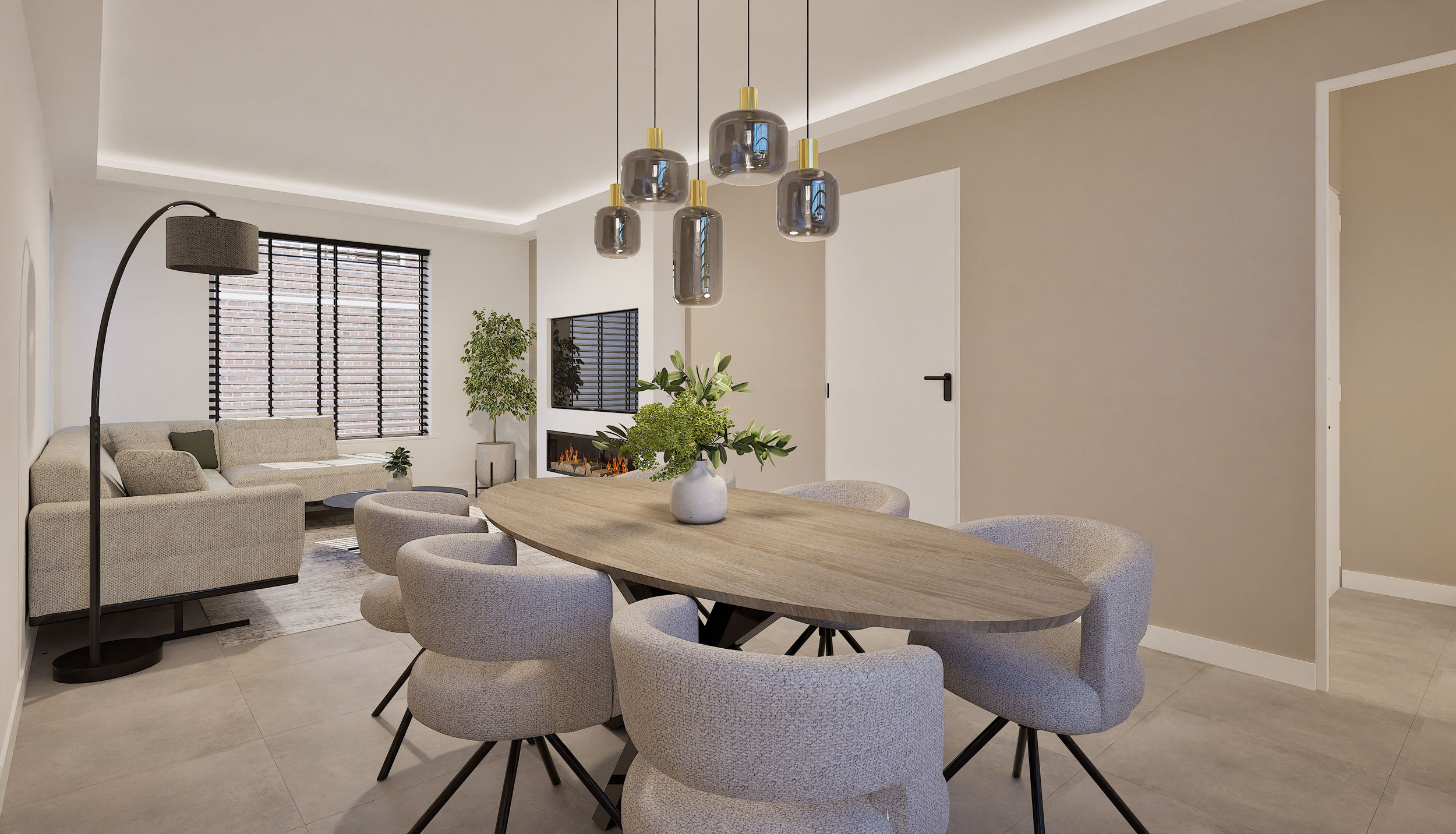 Modern woonkamer met eettafel, zitbank, vloerlamp en hanglampen