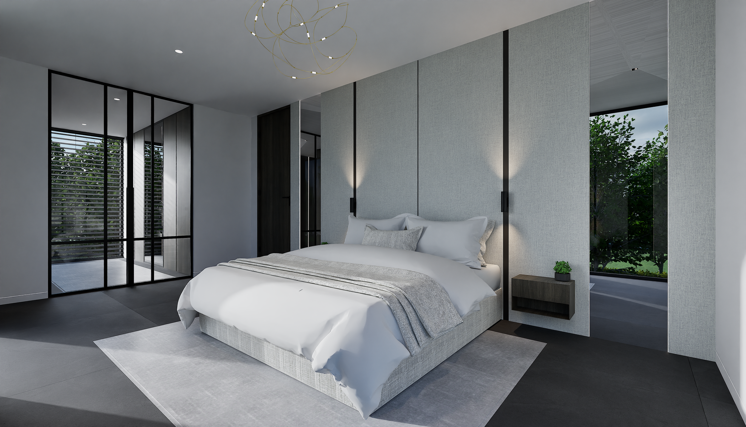 Moderne slaapkamer met wit en grijs kleuren, bed met kussens en beddengoed, grote raampartijen met uitzicht op groen buiten, minimalistisch decor, zwart wandlampjes naast het bed, kleine groene plant op nachtkastje.