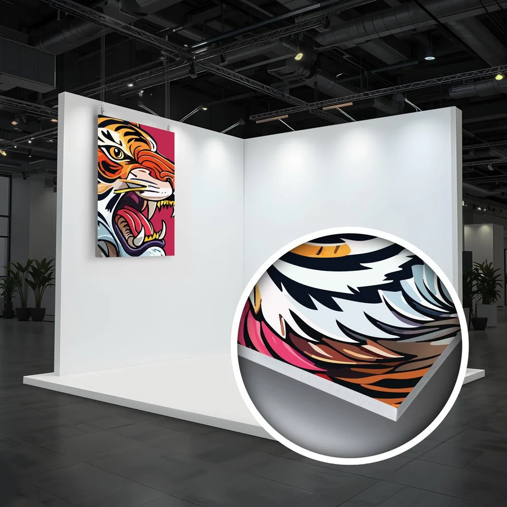 Foam board print of a fierce tiger head in pop art style hanging on a white gallery wall with a circular cutout revealing part of the tiger design.