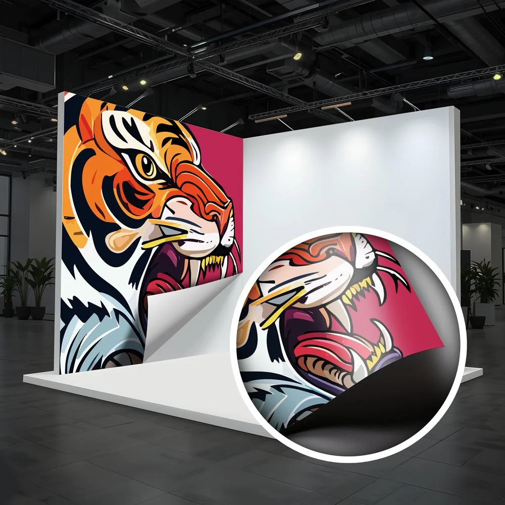 A display booth featuring a large, colorful illustration of a tiger's head in a bold, stylized design on vinyl print.