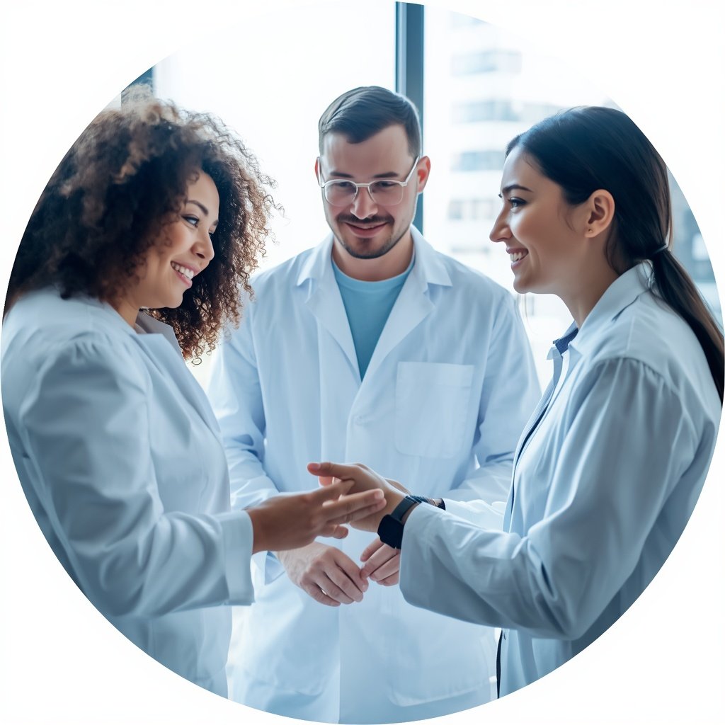 Three medical professionals in white lab coats smiling and shaking hands in a modern hospital or clinic setting.