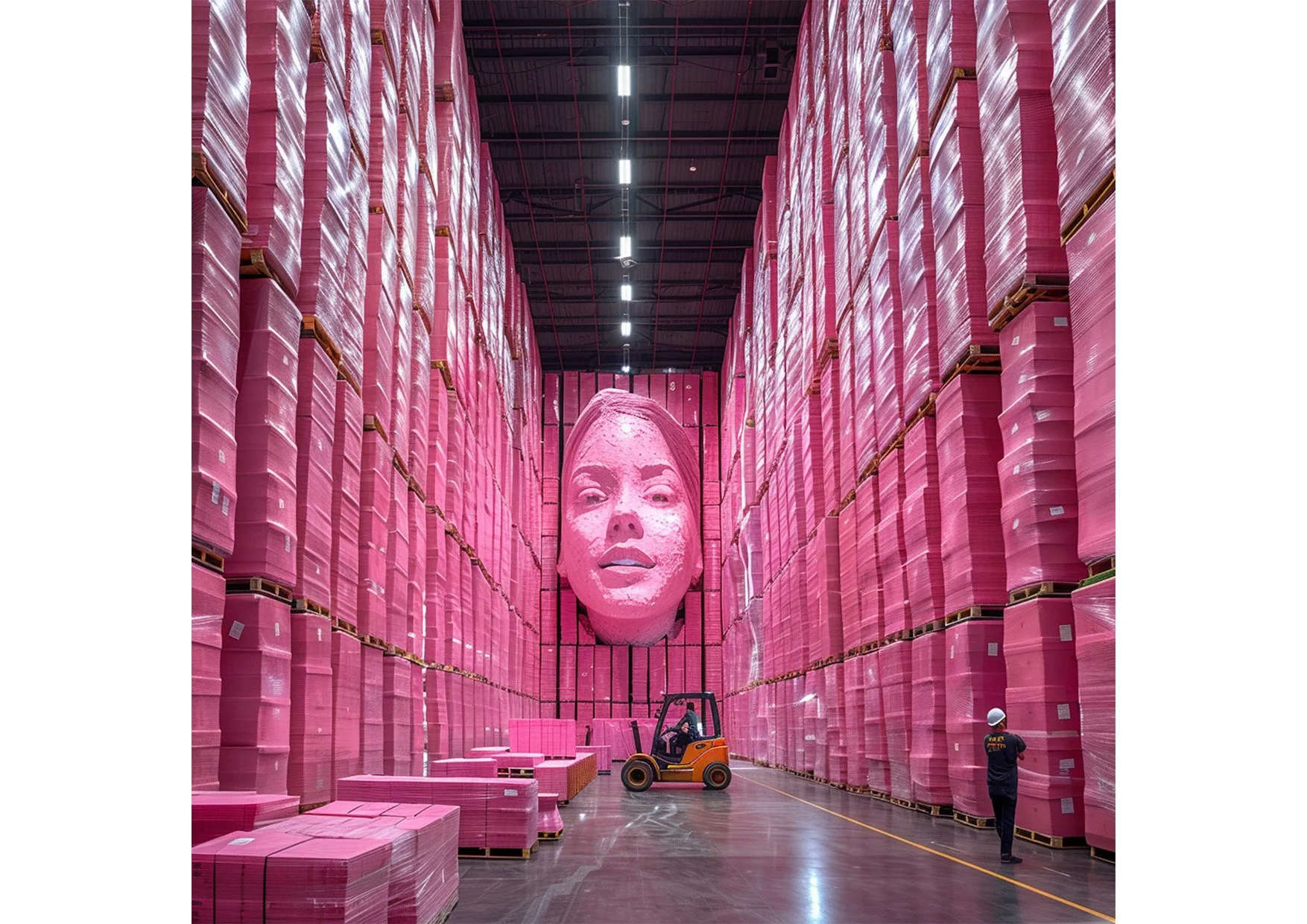 Vue intérieure d'un entrepôt avec des murs remplis de palettes roses et une grande tête d'ange en haut, une personne en t-shirt noir et casque, et une machine de chariot élévateur orange.