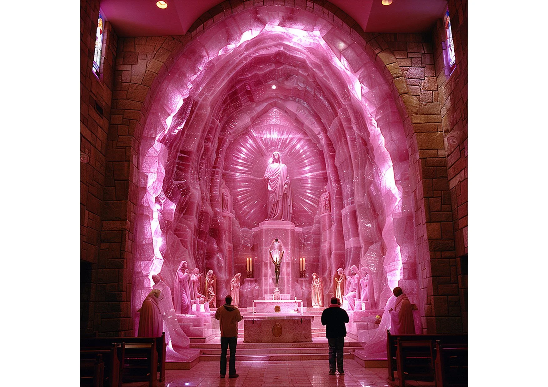 Intérieur d'une église avec une grande autel, une statue centrale de Jésus avec rayons lumineux derrière, et plusieurs statues religieuses entourant l'autel, le tout éclairé d'une lumière rose violette.
