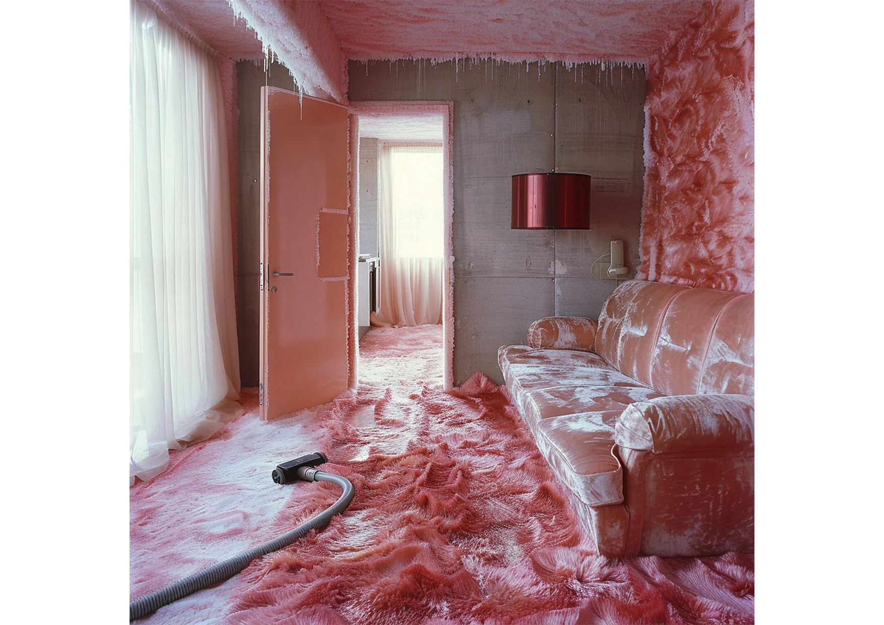 Salon avec canapé et murs recouverts de moquette à poil rose, sol en peluche rose, aspirateur posé au sol, porte entrouverte menant à une autre pièce avec rideaux rose poudré, lampe rouge au mur, et contact électrique visible.