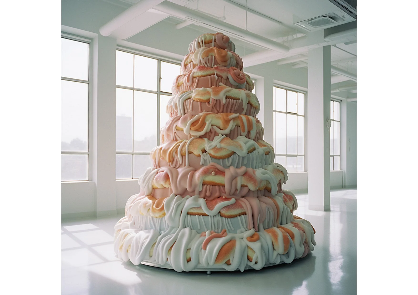 Une sculpture de gâteau géant avec des glaçages colorés à plusieurs étages dans une pièce lumineuse avec de grandes fenêtres.