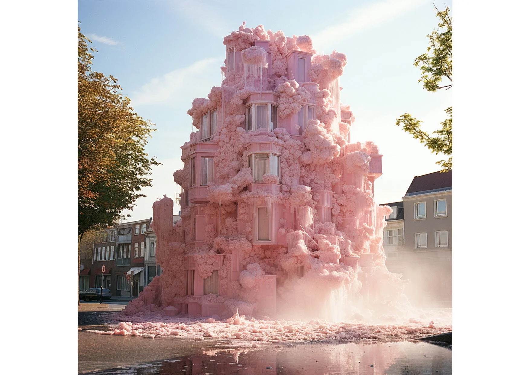 Un immeuble recouvert de mousse rose pastel, ressemblant à une fontaine ou une sculpture artistique, avec de la vapeur ou de l'eau coulant en bas et des bâtiments résidentiels environnants.