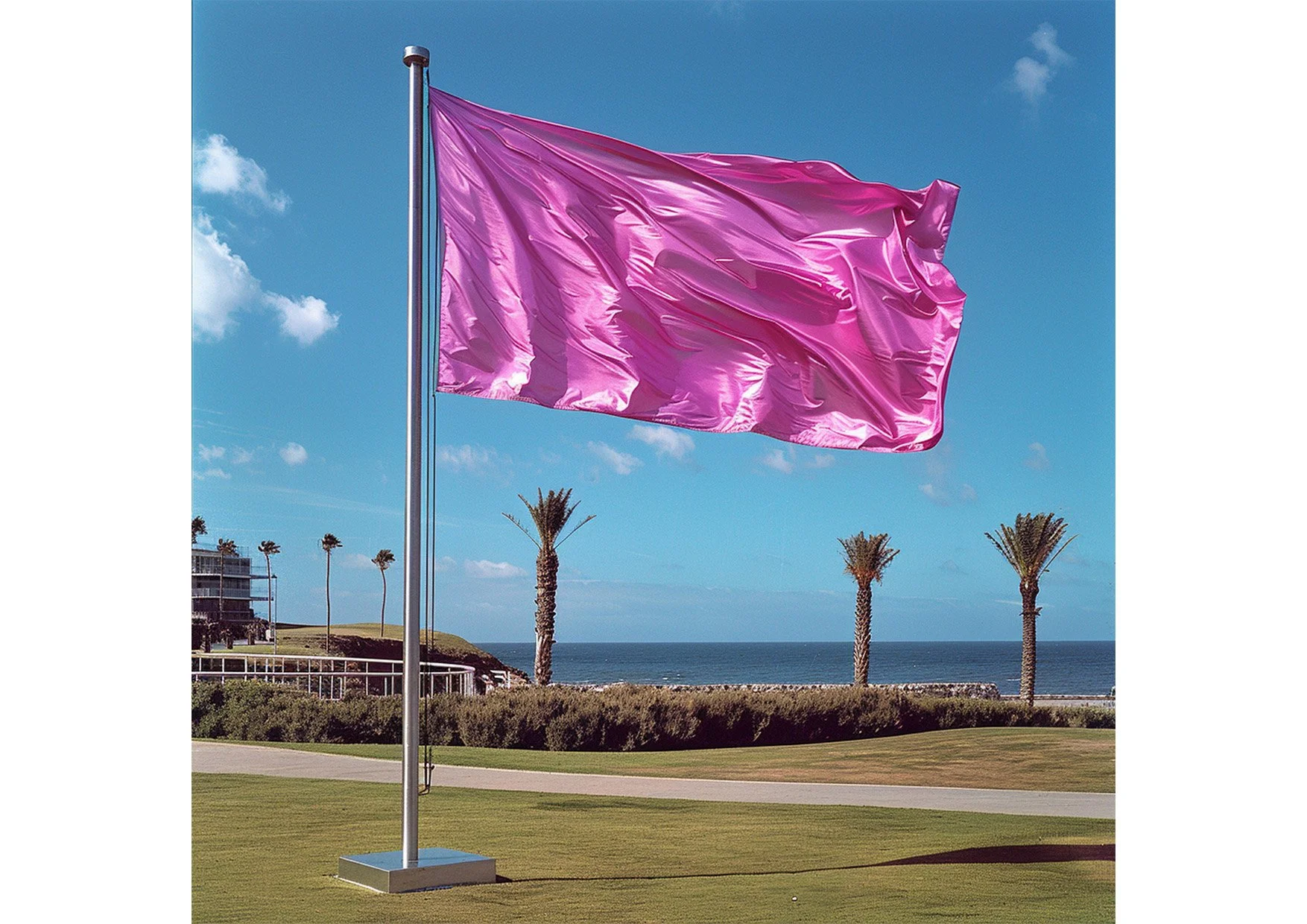Enorme drapeau rose flottant au vent devant un paysage côtier avec des palmiers et un ciel bleu