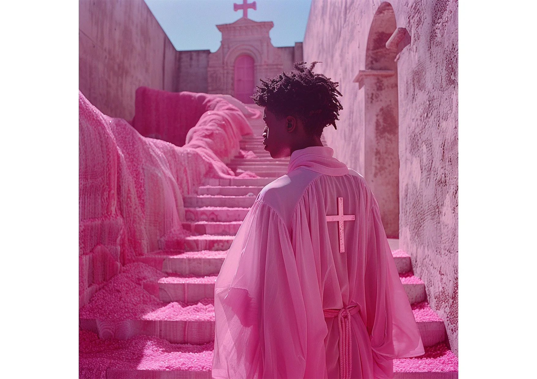 Une prêtre noir en robe blanche avec une croix sur le dos, debout devant un escalier recouvert de rose, avec un mur ancien en pierre à côté. Le ciel est clair.