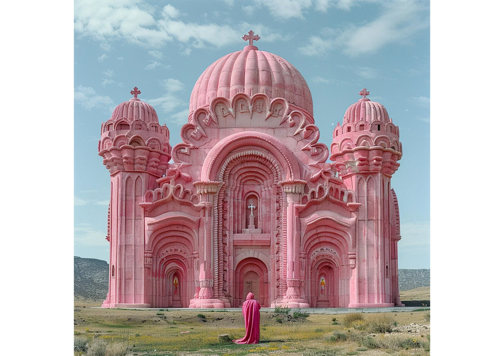 Une grande cathédrale rose en style architectural fantastique avec plusieurs tours et un dôme central, située dans un paysage désertique avec un ciel clair et quelques nuages. Un homme en cape rose se tient devant la cathédrale.