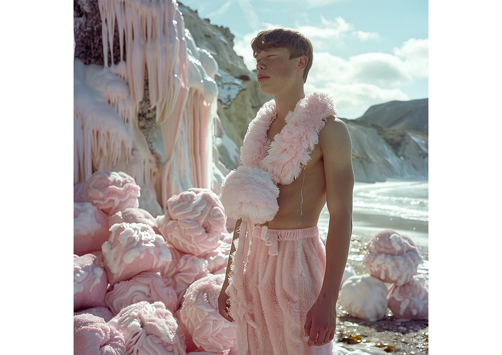Jeune homme à la plage, portant un étrange collier en peluche rose clair autour du cou, avec un pantalon rose, debout devant un décor de formations rocheuses roses et de vagues, avec un ciel partiellement nuageux.