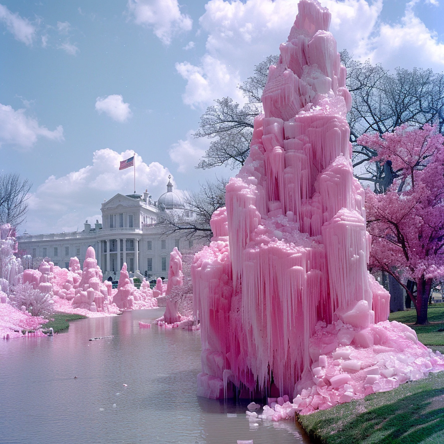 Un bâtiment blanc, la Maison Blanche, en arrière-plan avec un drapeau américain, entouré d'arbres en fleurs roses et d'une cascade de glace rose. La scène est sous un ciel bleu avec quelques nuages.