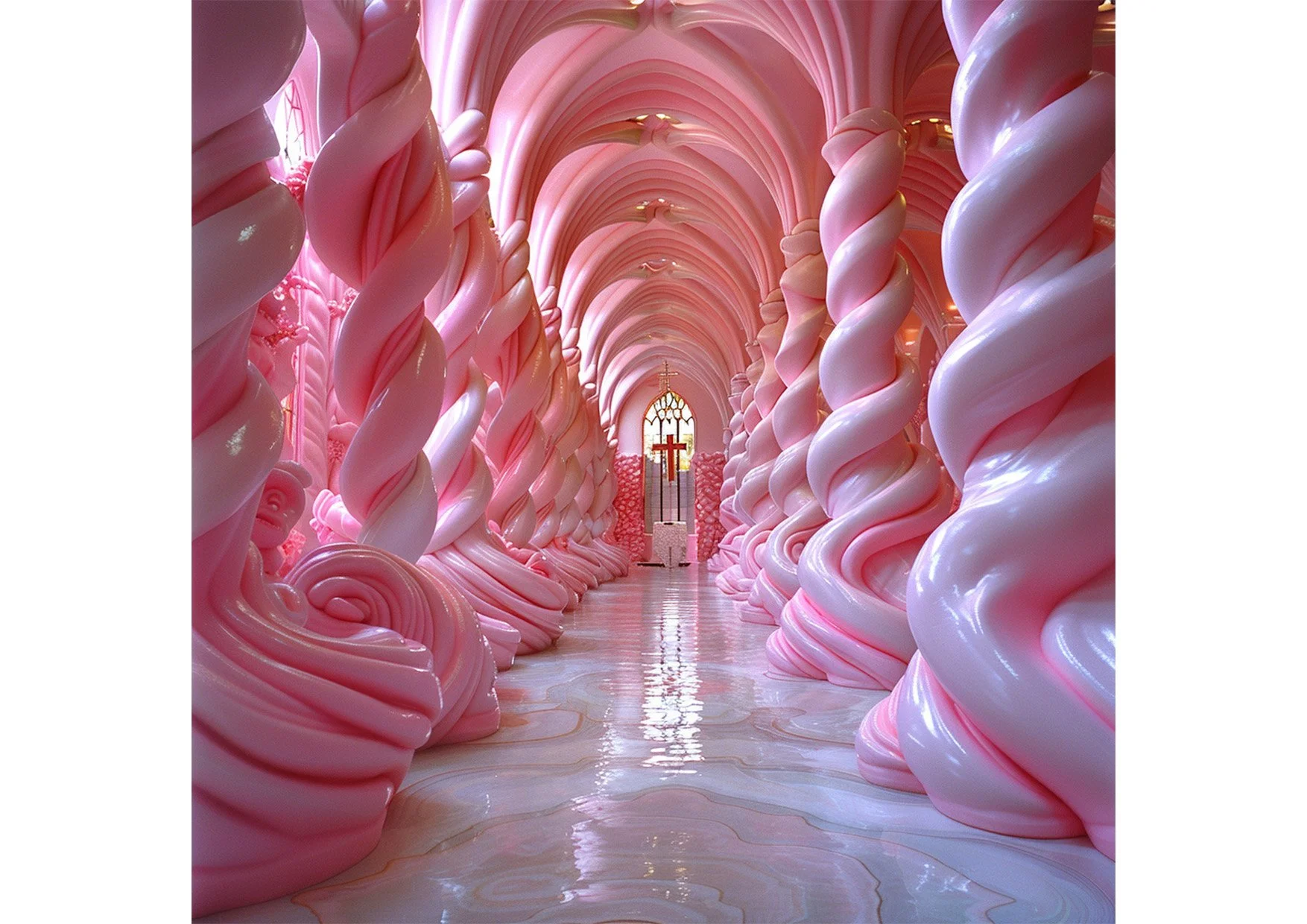 Intérieur d'une chapelle ou d'une église avec des murs, des colonnes et un plafond en forme d'arcs, décorés de structures en forme de spirale en rose et blanc, avec un autel et une croix au fond.