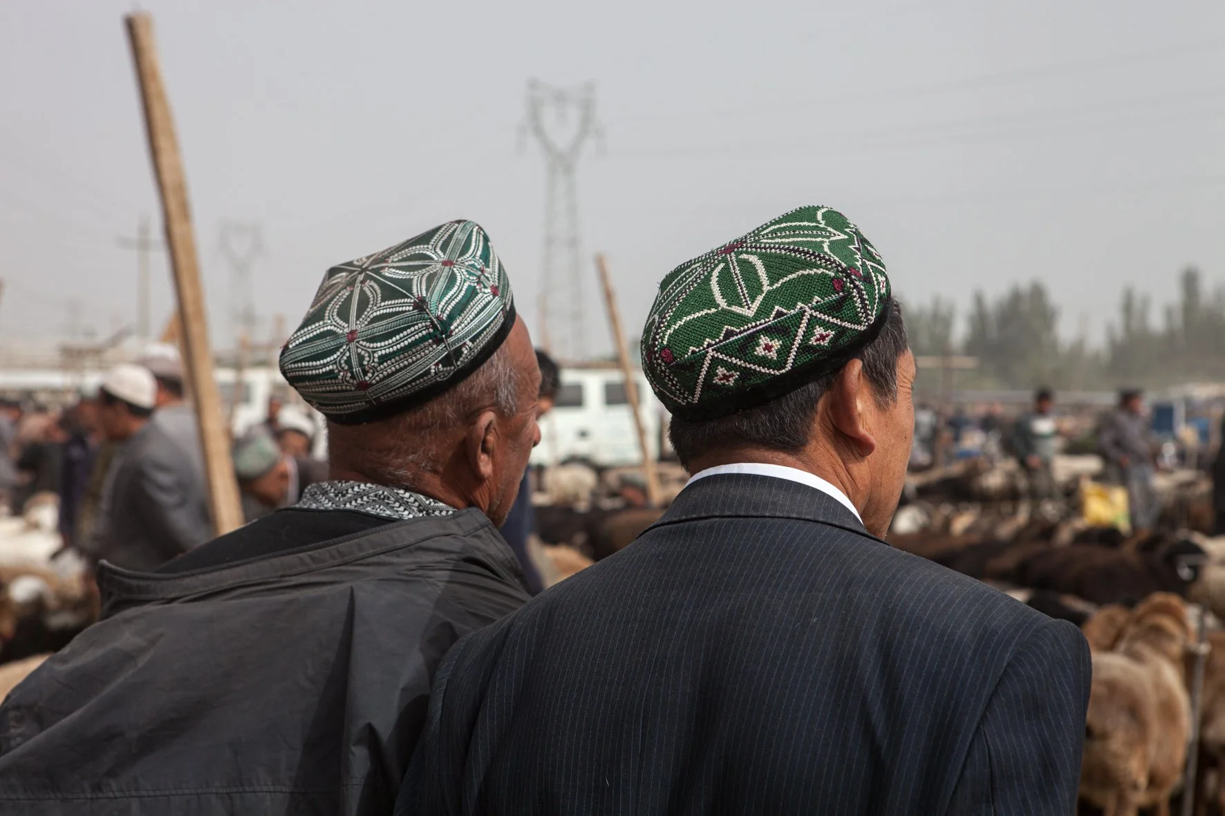 Deux hommes portant des chapeaux traditionnels regardant le marché de Kashgar, en Chine. Il y a des animaux, dans un environnement extérieur avec des pylônes électriques en arrière-plan.