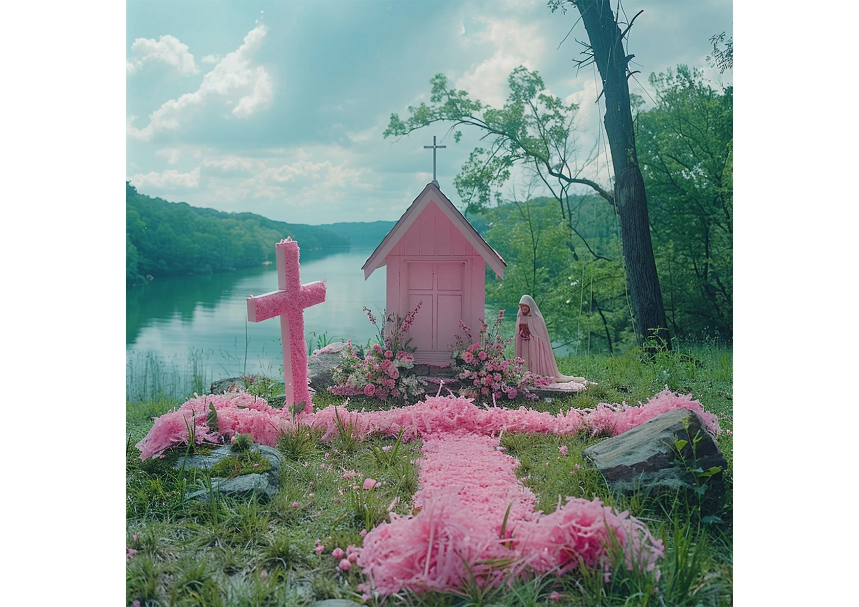 Un paysage de campement religieux avec une petite chapelle rose, une croix en mousse rose et une statue de la Vierge Marie, tous entourés de fleurs roses, au bord d'une rivière avec des arbres en arrière-plan.