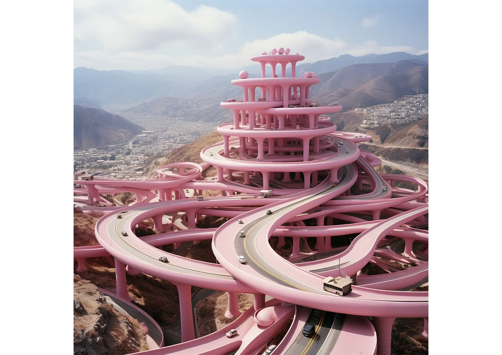 Une route en spirale de couleur rose qui monte en altitude, avec plusieurs véhicules dessus, entourée de montagnes et d'un paysage urbain en arrière-plan, sous un ciel partiellement nuageux.