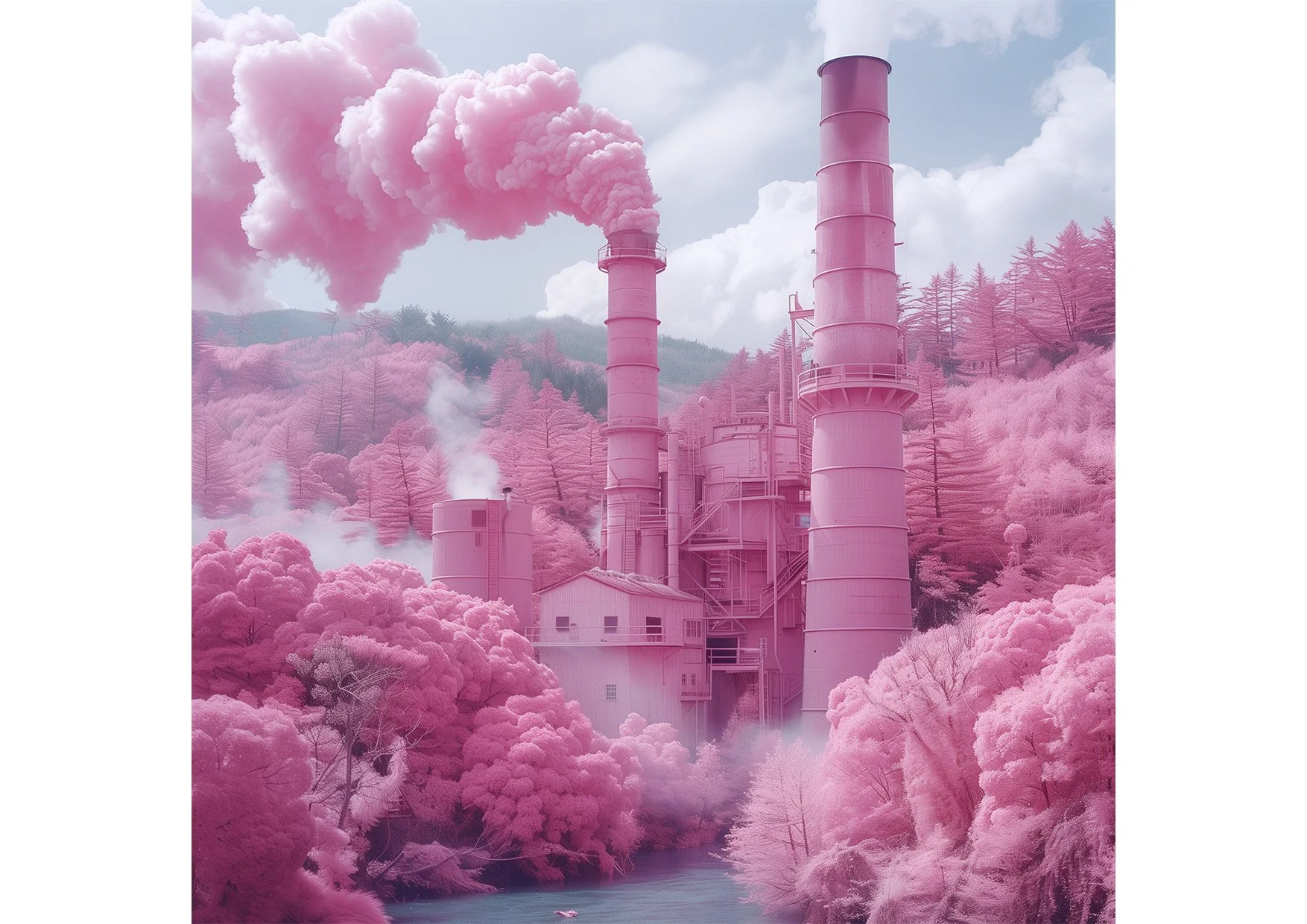 Une usine avec trois grandes cheminées d'usine qui émettent de la fumée, située dans une forêt dense avec des arbres aux feuillages roses, entourée d'une rivière, le tout teinté d'une couleur rose.