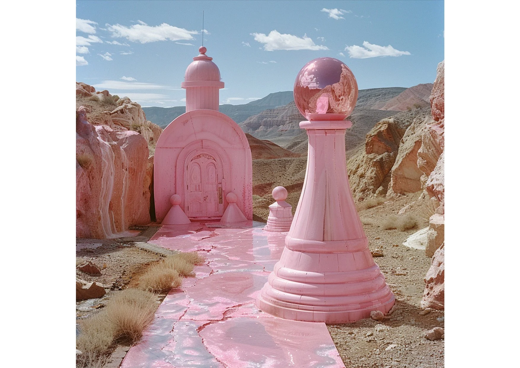 Un paysage désertique avec une structure architecturale en rose, comprenant une porte, une tour avec un dôme et une colonne avec une boule au sommet, le tout dans un style surréaliste.