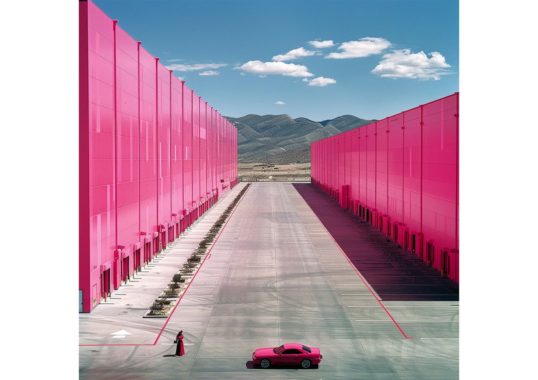 Grand bâtiment avec murs roses, parking vide, une femme en longue robe rouge, une voiture rose et paysage montagneux au loin.