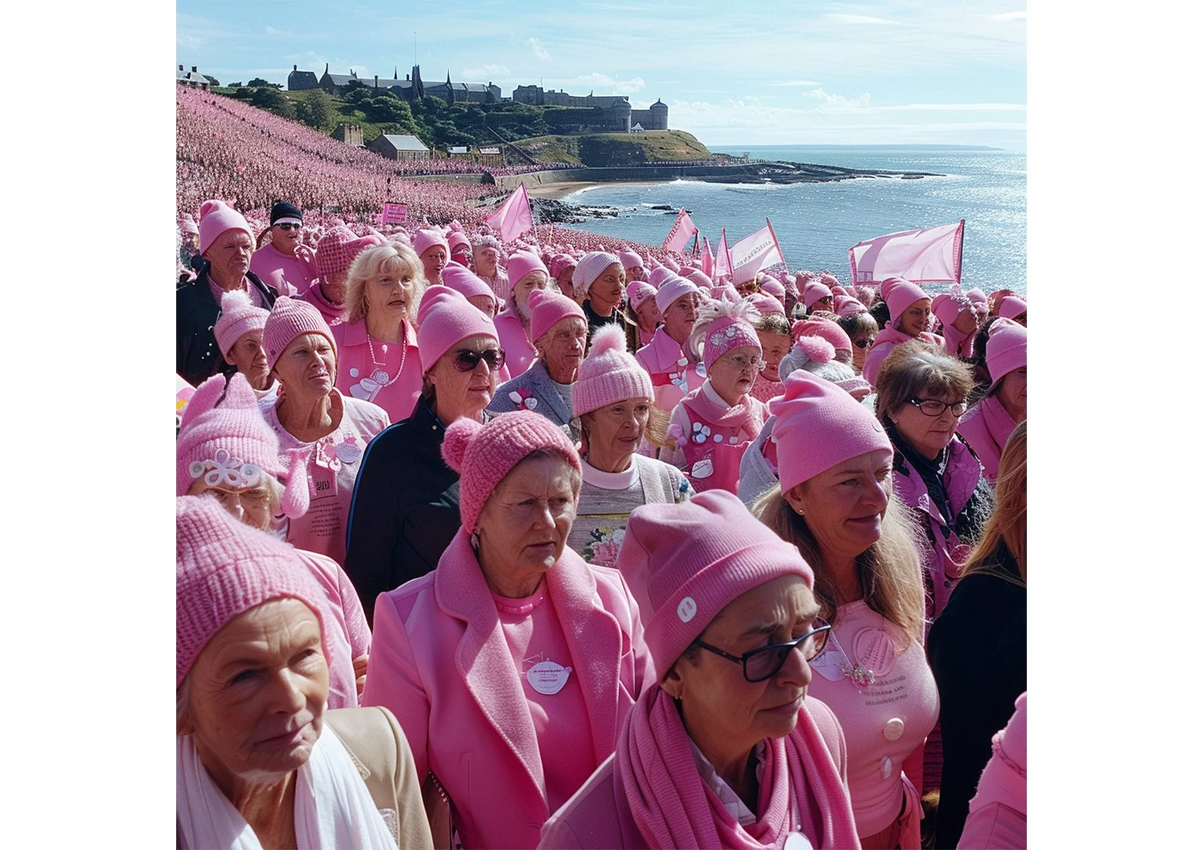 Un groupe de femmes et d'hommes habillés en rose, portant des chapeaux et des vêtements roses, lors d'un rassemblement près de la mer avec une côte rocheuse en arrière-plan.