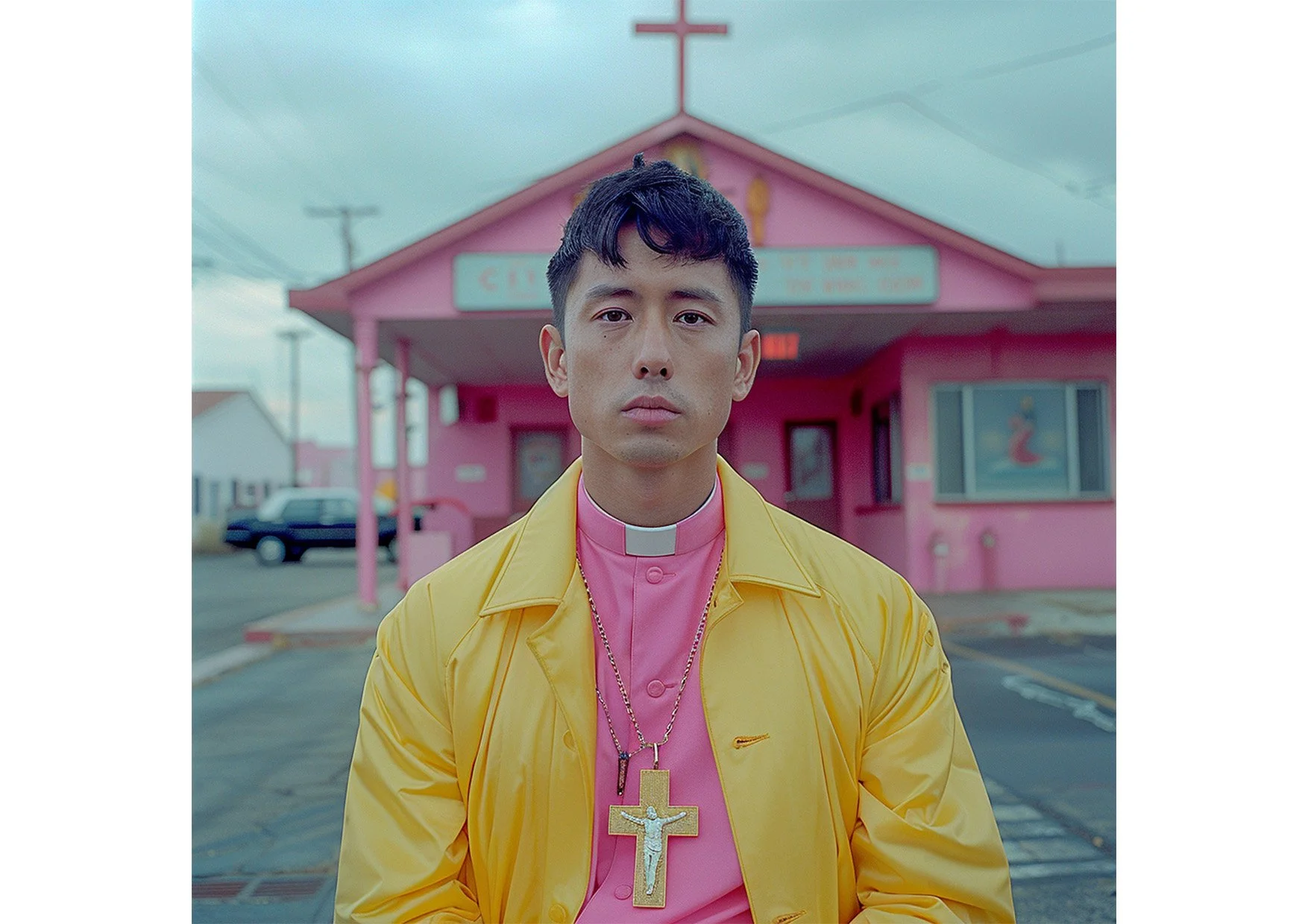 Un homme vêtu d'une veste jaune, portant une croix en or autour du cou, se tient devant un bâtiment rose avec une croix en haut, dans un environnement urbain