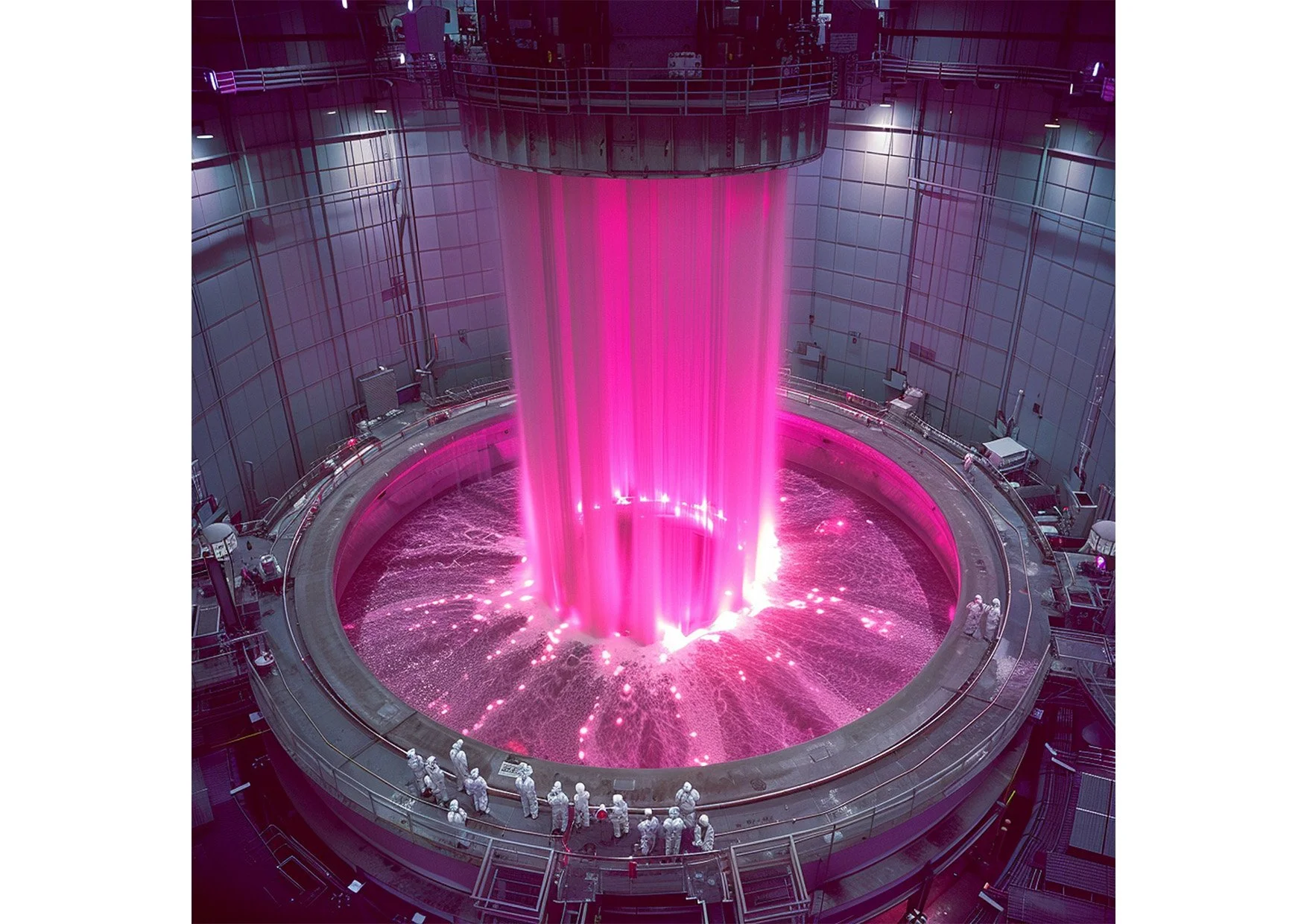 Une cascade d'énergie rose dans une centrale, entourée d'équipements et de personnes en tenue de protection blanche.