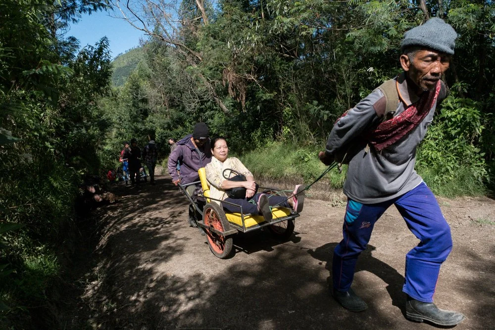Un homme tire une charrette avec deux personnes assises, dans une forêt.