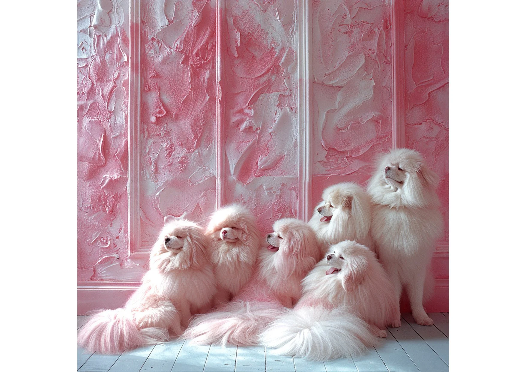 Sept chiens blancs à longues toisons posant devant un mur rose texturé.