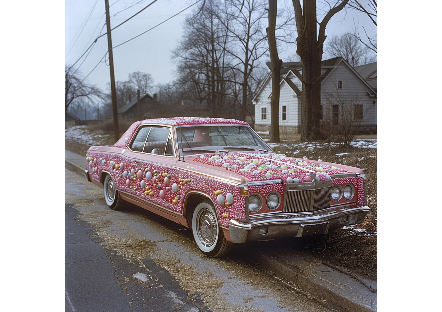 Voiture rose ornée de bonbons et de sucettes, stationnée en bord de route dans un paysage hivernal, avec des maisons et des arbres dénudés en arrière-plan.
