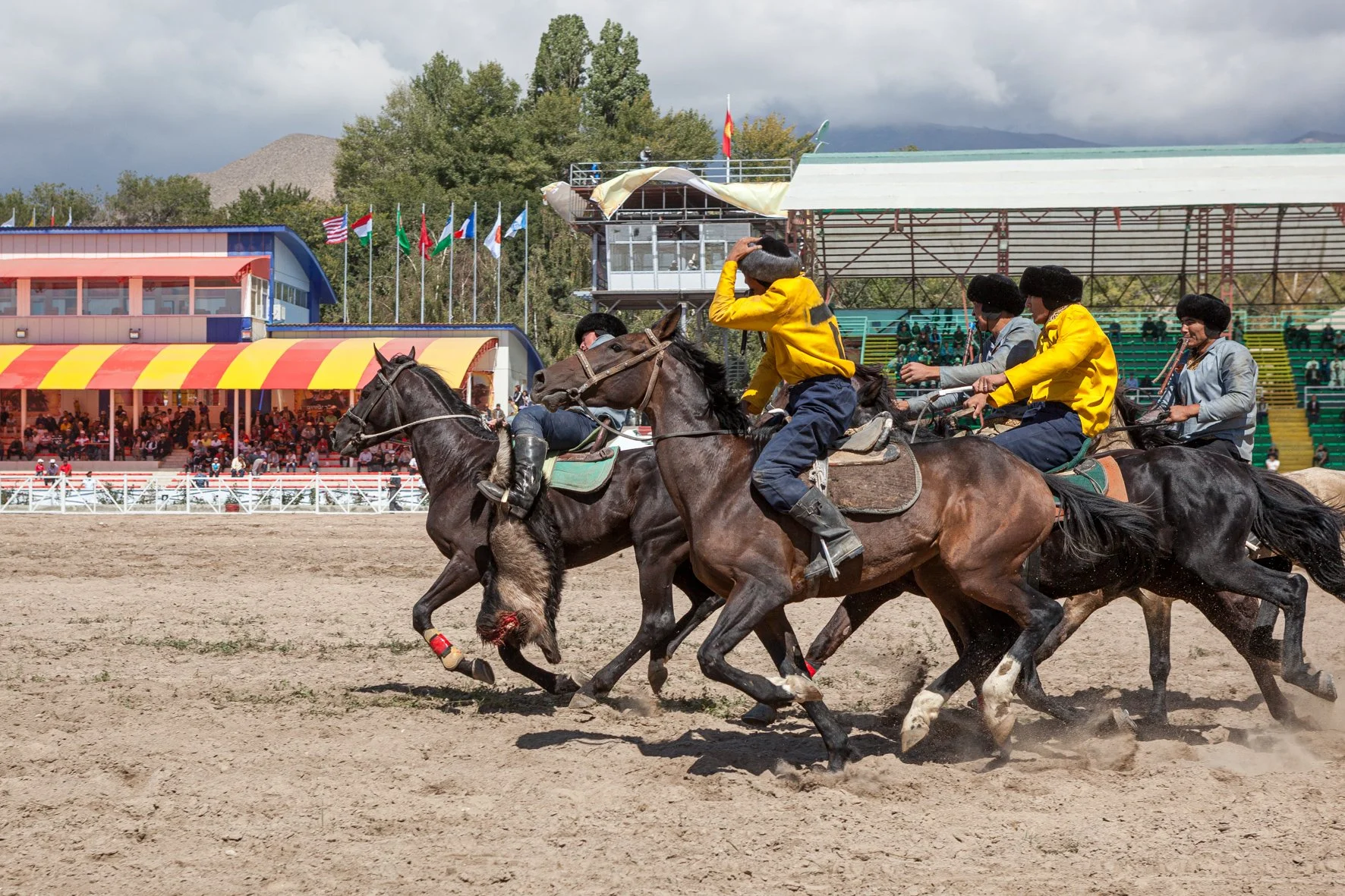 Groupe de jockeys participant à un match de kok boru sur un terrain en terre, avec des spectateurs et des drapeaux en arrière-plan.