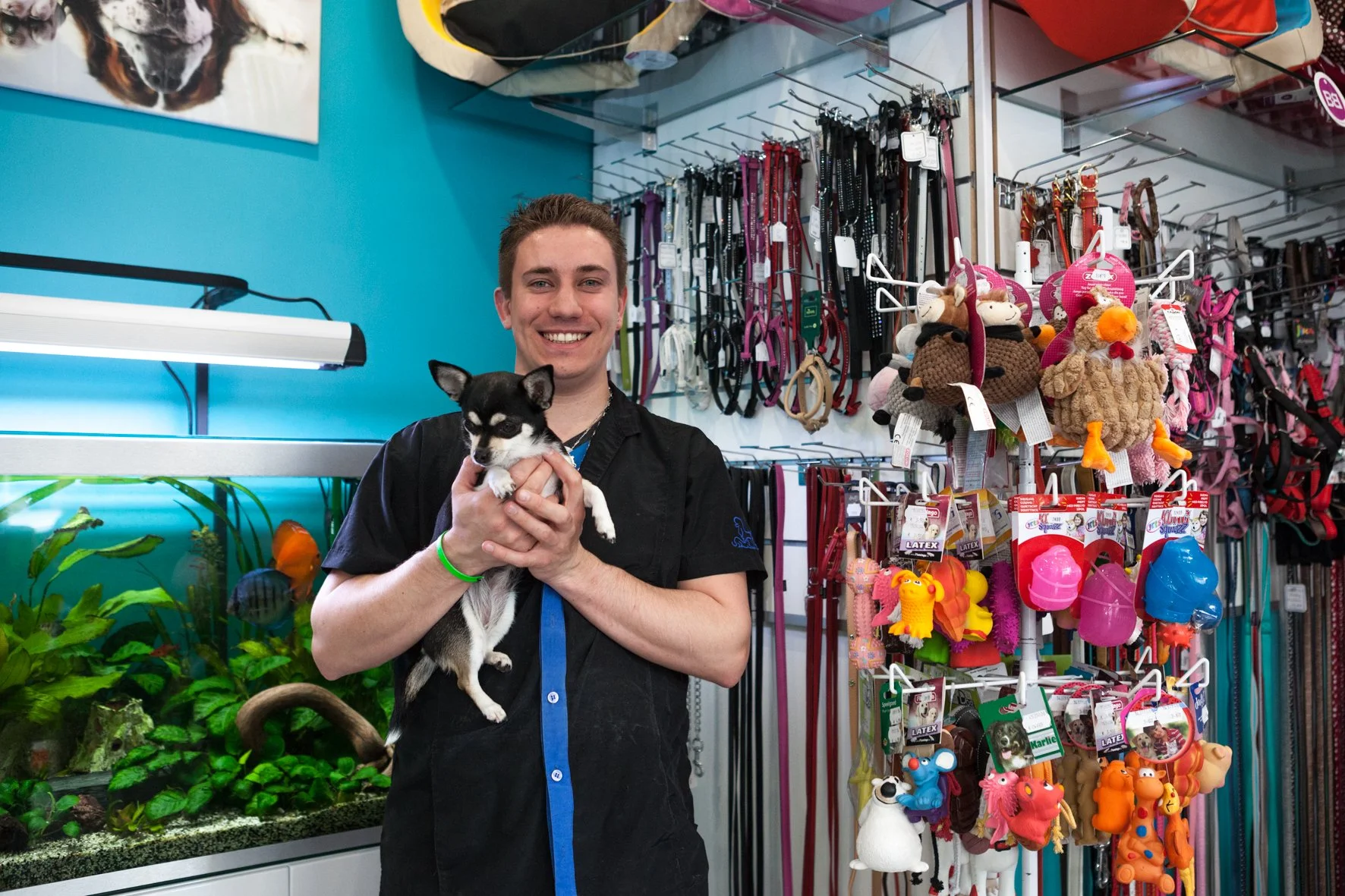 Un jeune homme souriant dans une animalerie, tenant un petit chien noir et blanc. À côté, un aquarium avec des plantes vertes et un poisson orange.