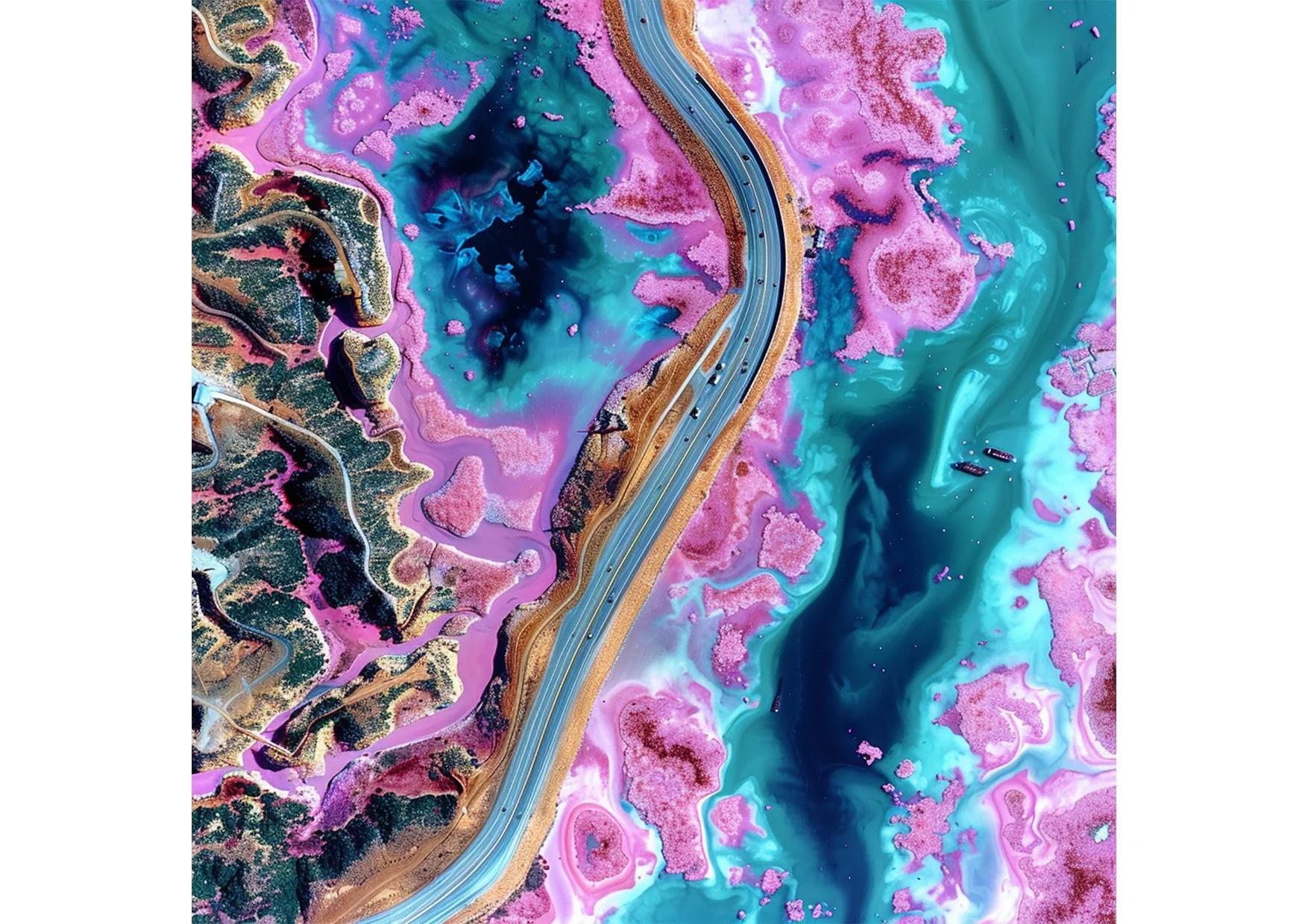 Une image aérienne d'une route sinueuse traversant un paysage coloré avec des zones de vert, de rose et de bleu, semblable à une peinture abstraite.
