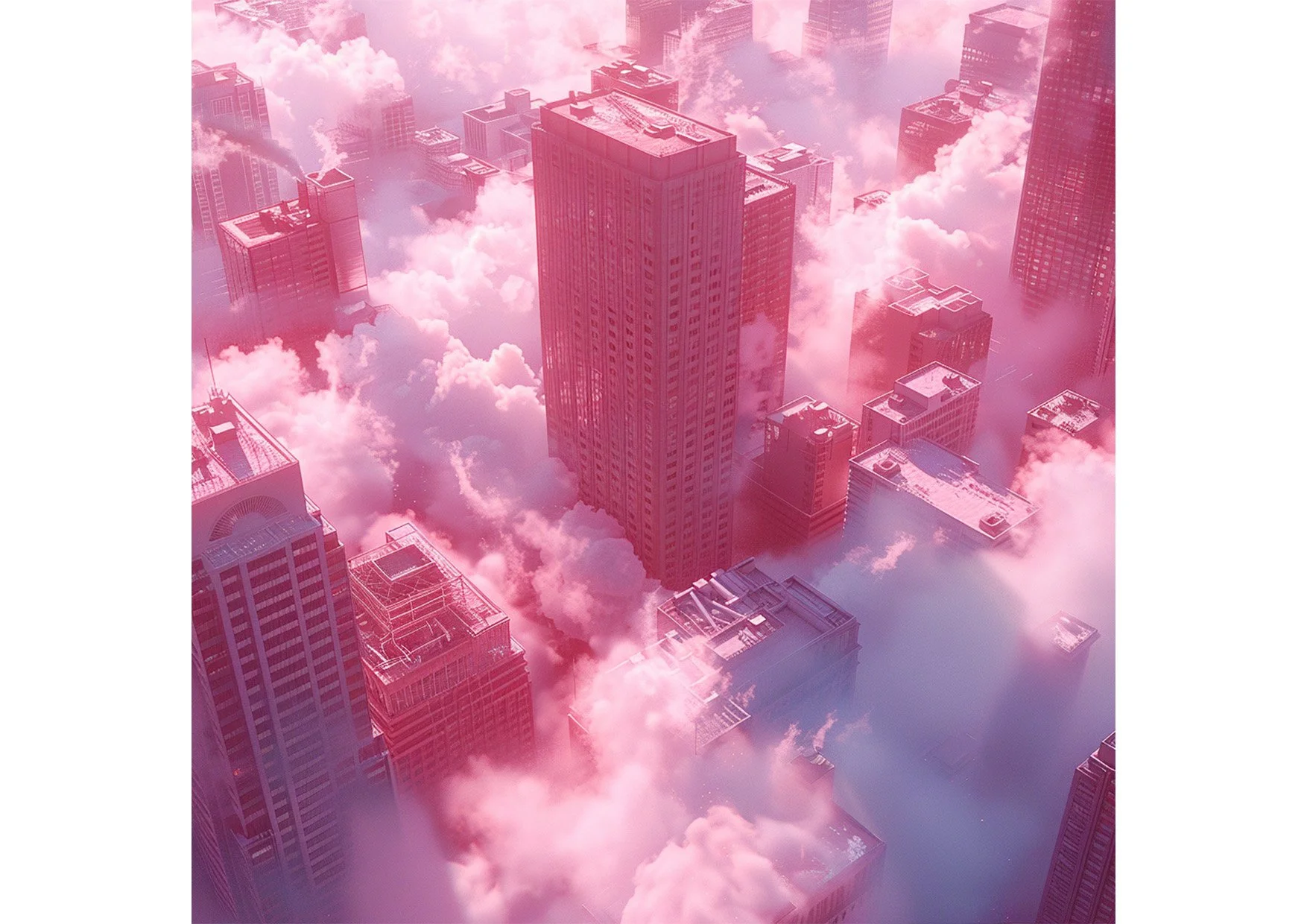 Une vue aérienne de gratte-ciel dans une ville en pleine brume rose, avec des bâtiments modernes et des nuages roses entourant les tours.
