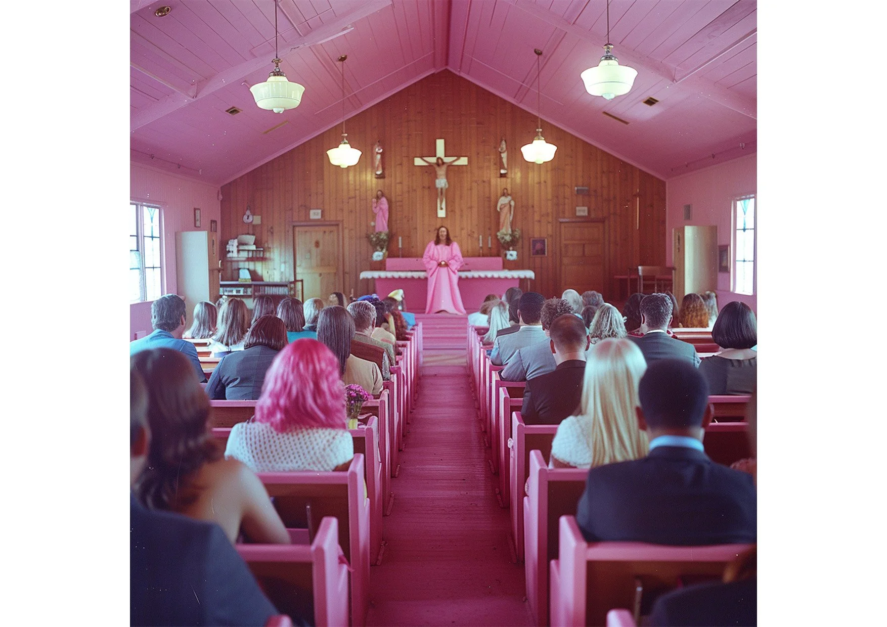 Une cérémonie religieuse dans une église avec des bancs roses, un faisceau de lumière sur l'autel et un prêtre en robe rose devant la congrégation.