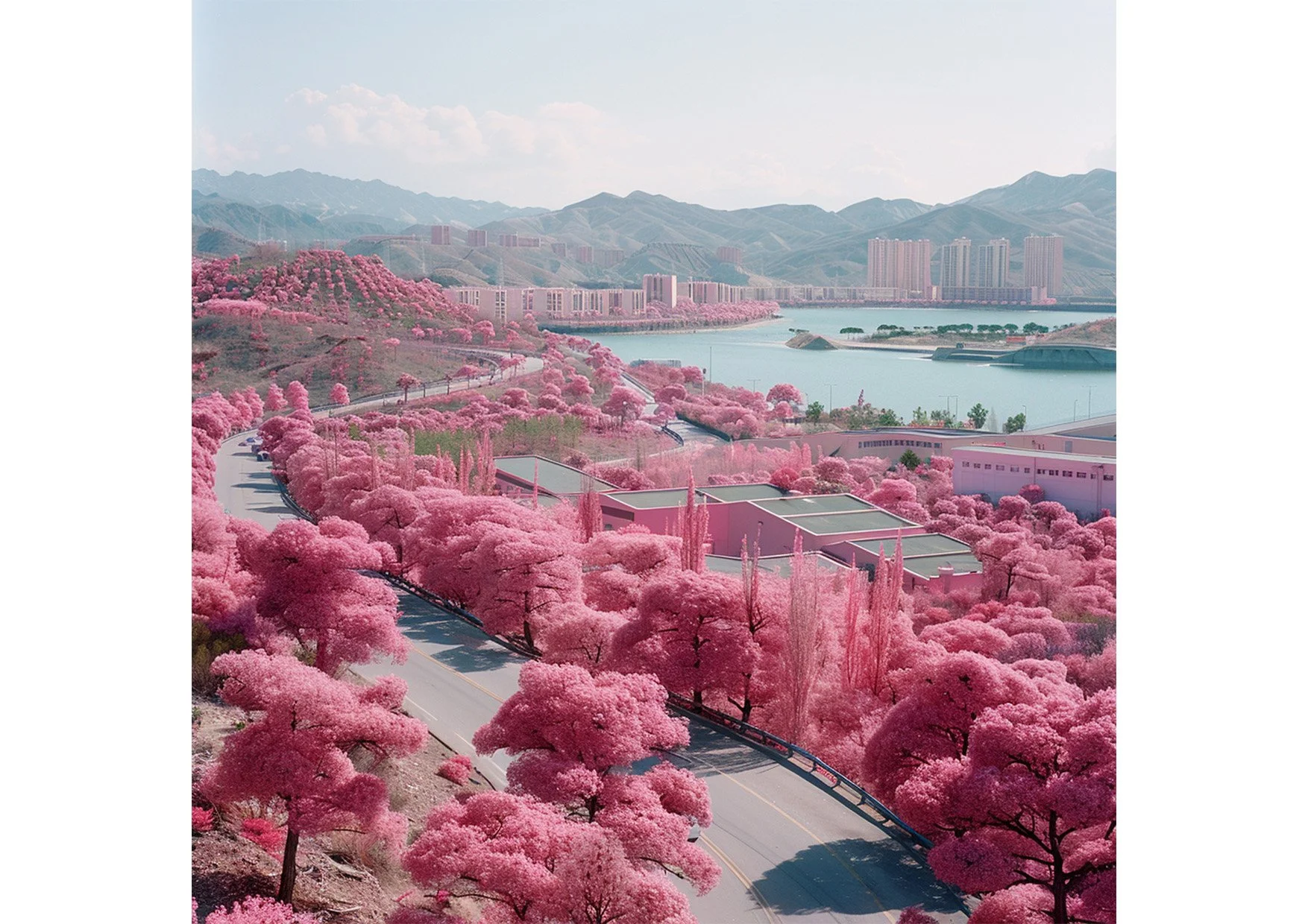 Paysage de montagne avec un lac et des bâtiments modernes, entouré d'arbres roses en fleurs qui bordent une route sinueuse.