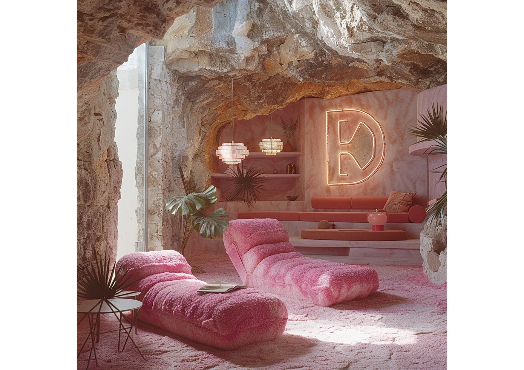 Intérieur décoré de façon moderne avec des murs de pierre bruts, fauteuils roses en velours, luminaires suspendus, et un grand signe lumineux en forme de lettre 'D'.