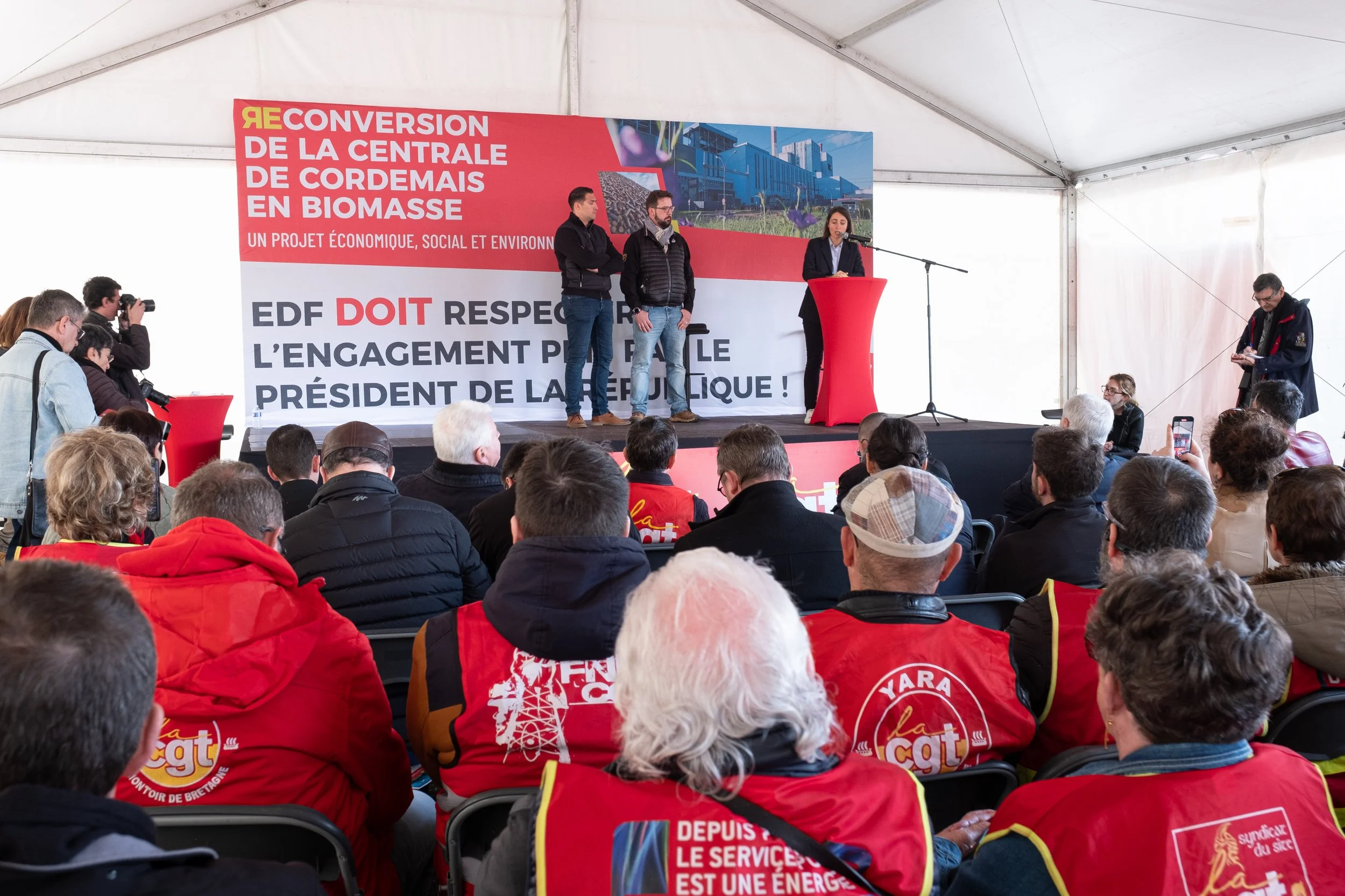 Conférence de Sophie Binet, présidente de la CGT, à la centrale à charbon de Cordemais