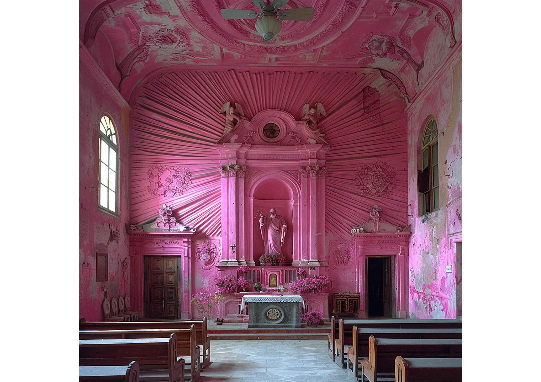 Intérieur d'une église avec un mur entièrement peint en rose, avec une statue de Jésus au centre, entourée de décorations florales roses, et des bancs en bois devant.