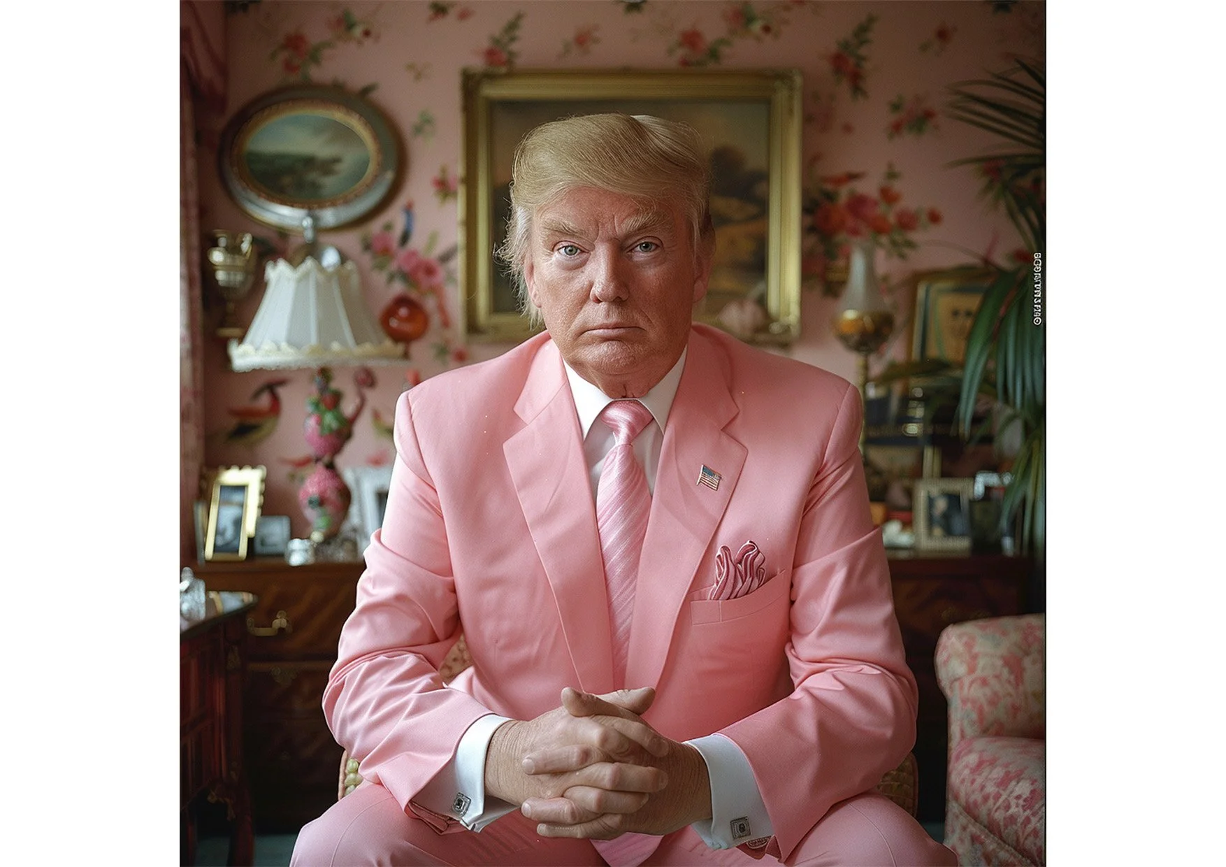 Une personne ressemblant à Trump portant un costume rose avec une broche en forme de drapeau américain. La personne a des cheveux blonds et une expression sérieuse. Le décor en arrière-plan est un intérieur avec des meubles et une décoration vintage.