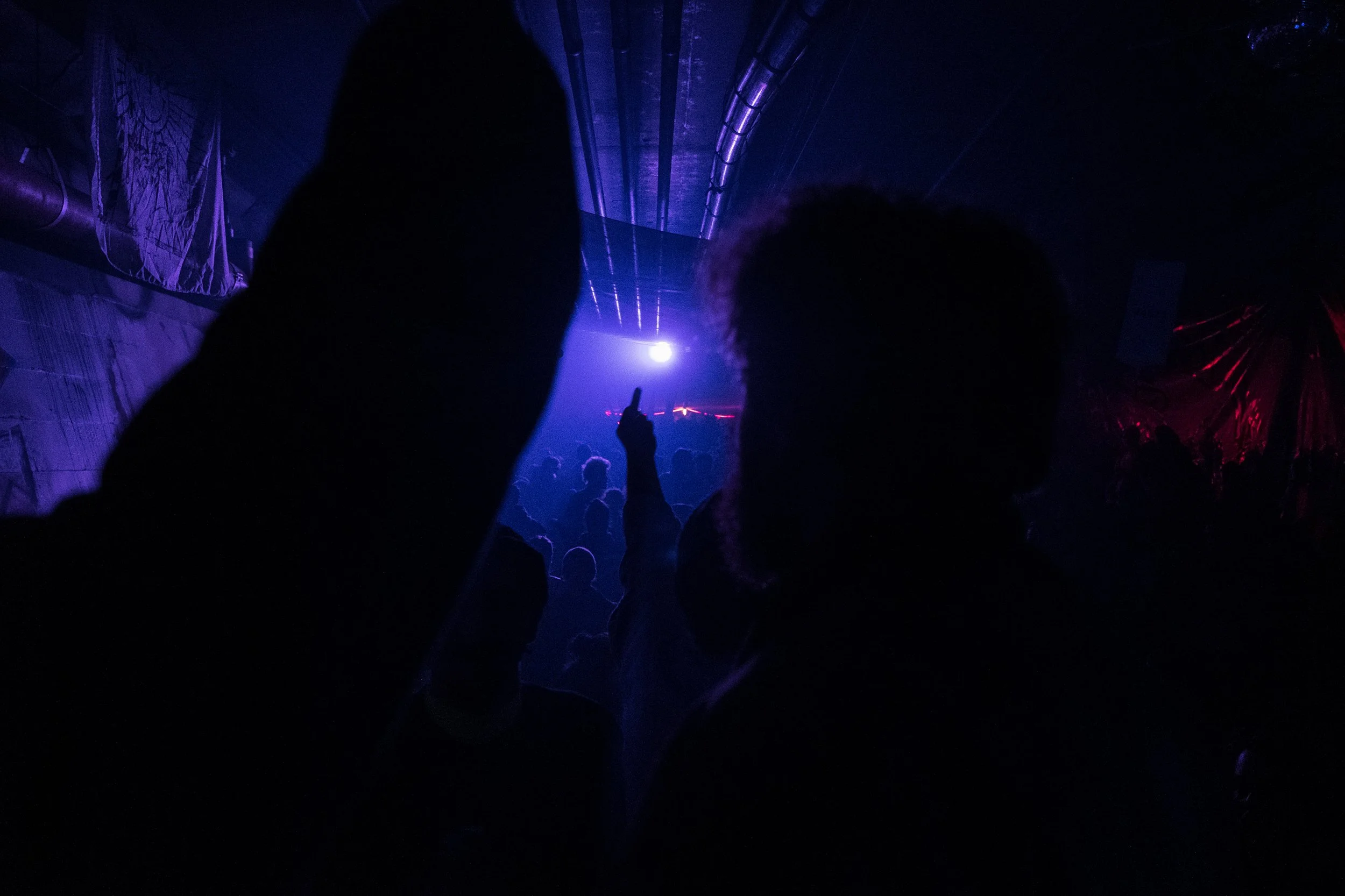 Silhouettes de personnes dans une fête ou un concert avec éclairage violet et bleu, ambiance sombre