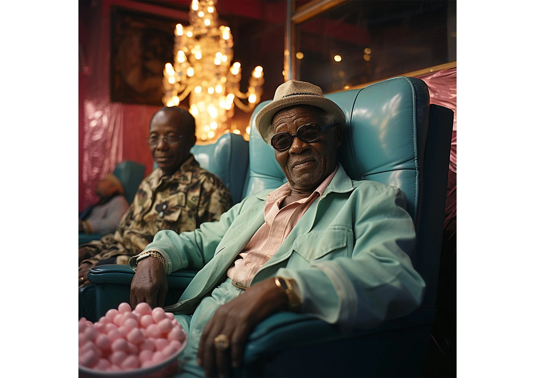 Deux personnes âgées assises dans des fauteuils en cuir bleu, une d'entre elles porte un chapeau, des lunettes sombres, une veste vert clair et des bijoux or, dans un décor avec un chandelier en arrière-plan.