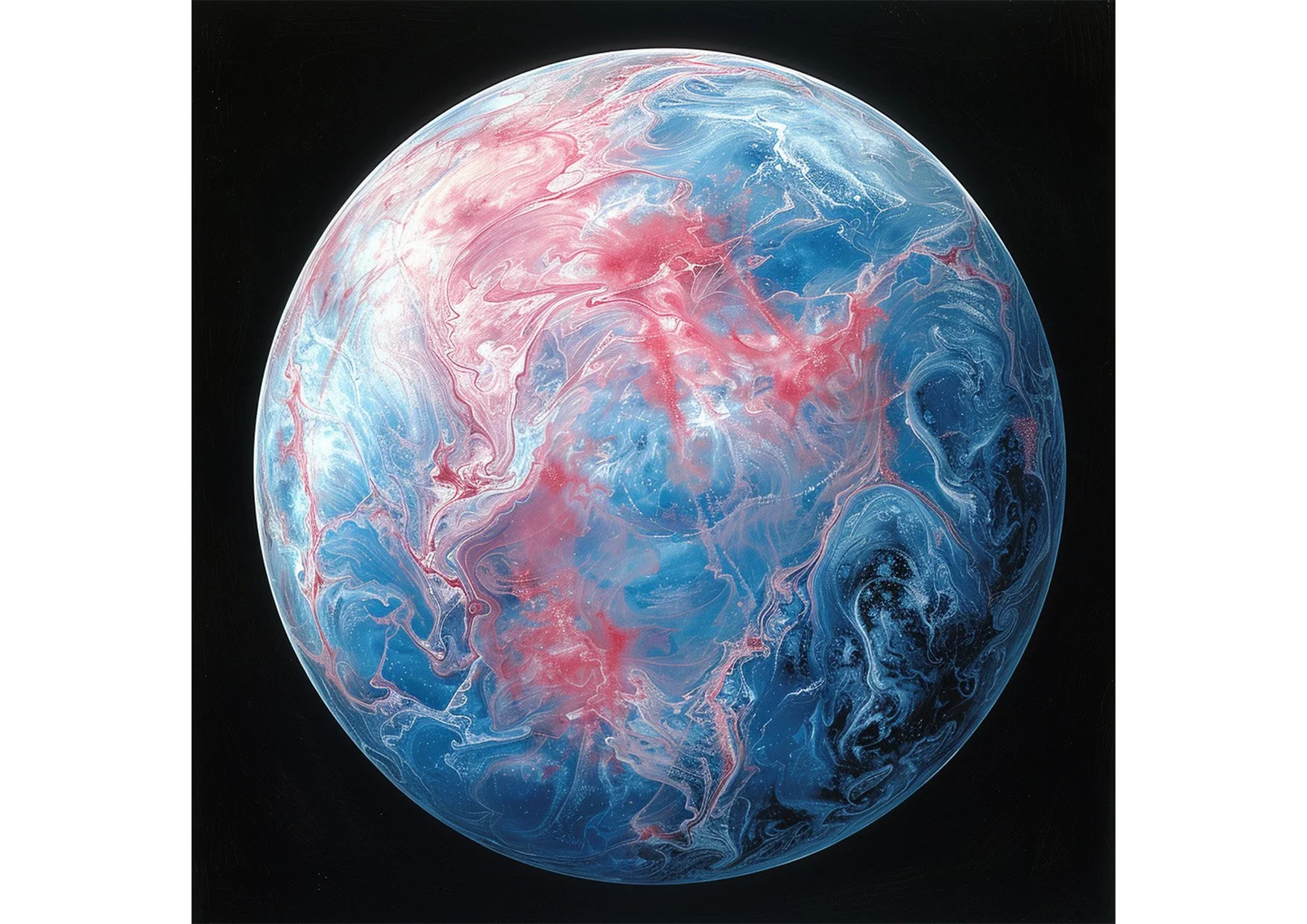 Une image artistique de la planète terre envahi peu à peu par une matière rose inconnue, sur un fond noir.