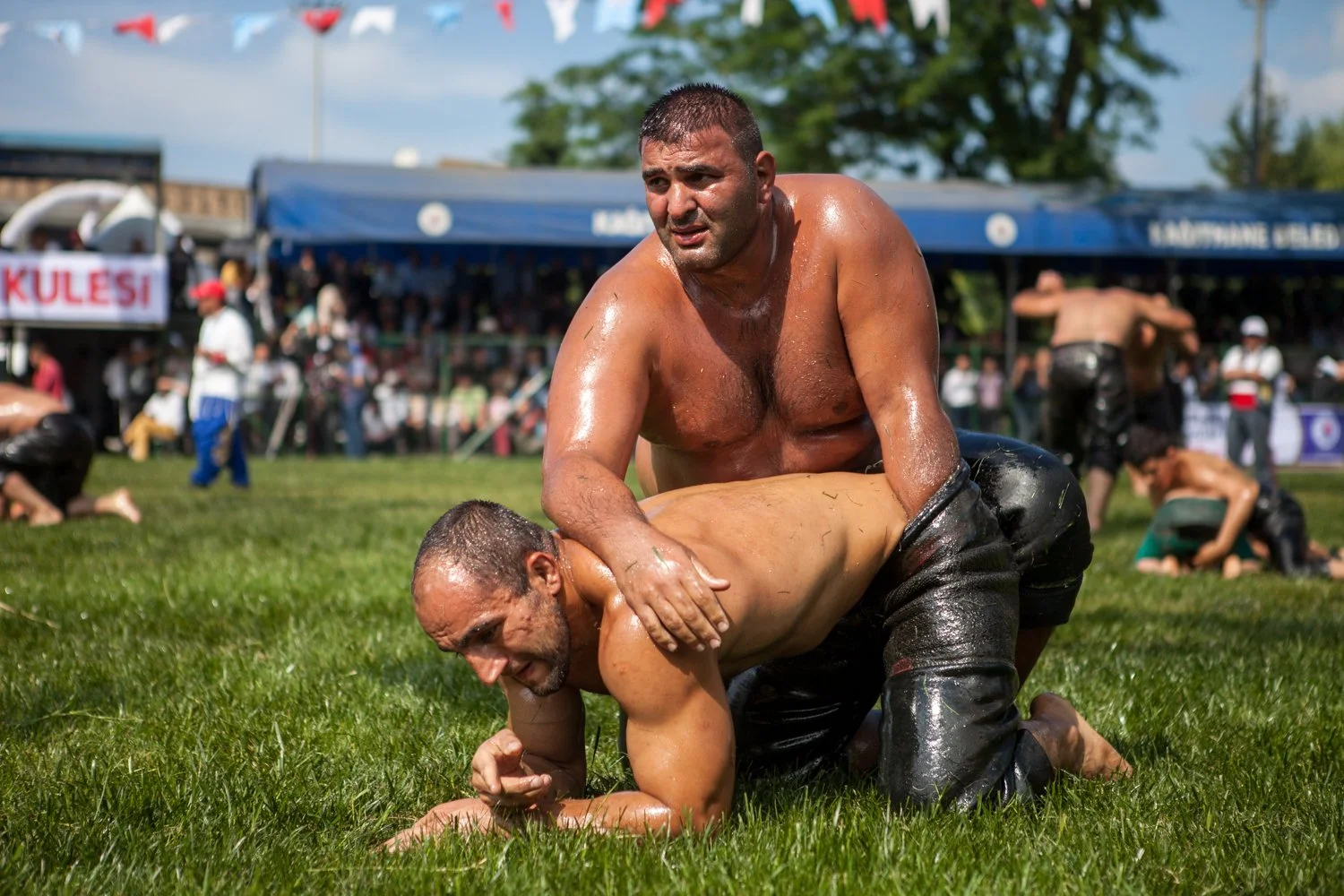 Deux hommes en pleine lutte, en train de pratiquer le catch traditionnel turc appelé 'Yağlı güreş', sur une pelouse verte lors d'un événement en plein air, avec un public en arrière-plan. Les hommes sont vêtus de vêtements traditionnels en cuir.