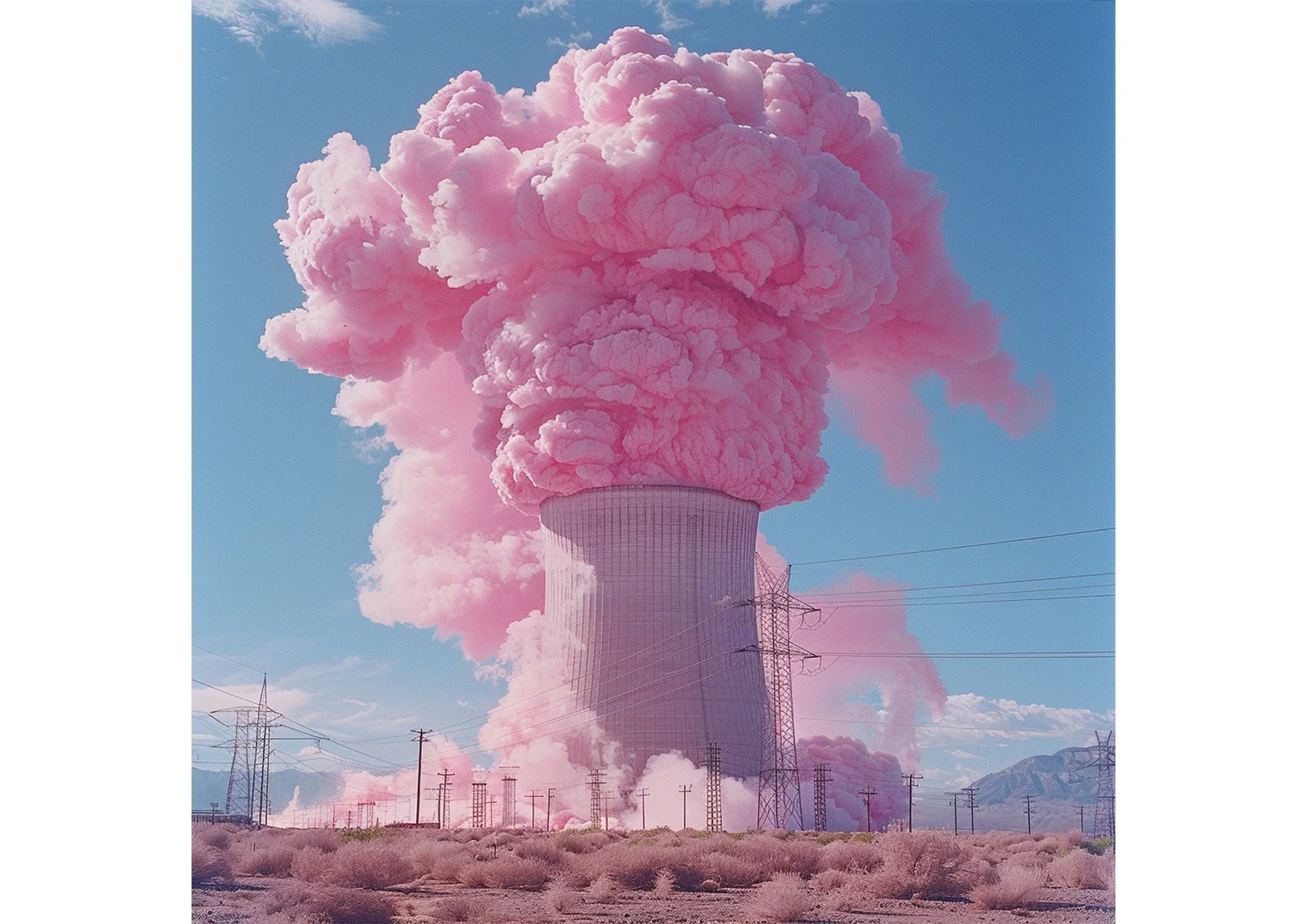 Une centrale nucléaire libérant une explosion de poussière rose dans un paysage désertique avec des montagnes en arrière-plan.