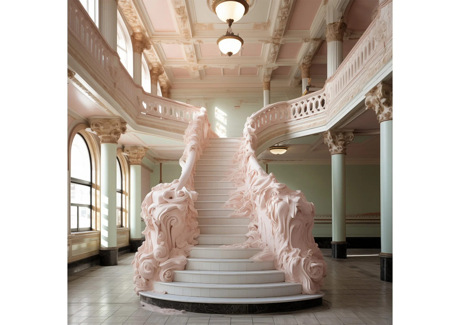 Escalier blanc avec décorations sculptées en rose, dans un hall d'hôtel ou palais élégant, avec grandes fenêtres, colonnes et plafond décoré.