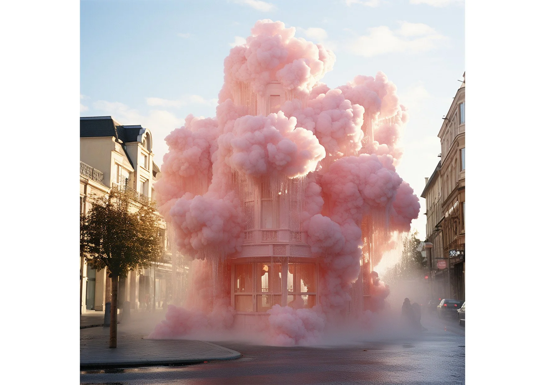 Une structure en forme de kiosque à l'angle d'une rue, entourée de fumée rose épaisse qui semble provenir de la structure, avec des bâtiments résidentiels en arrière-plan et des arbres le long de la rue.