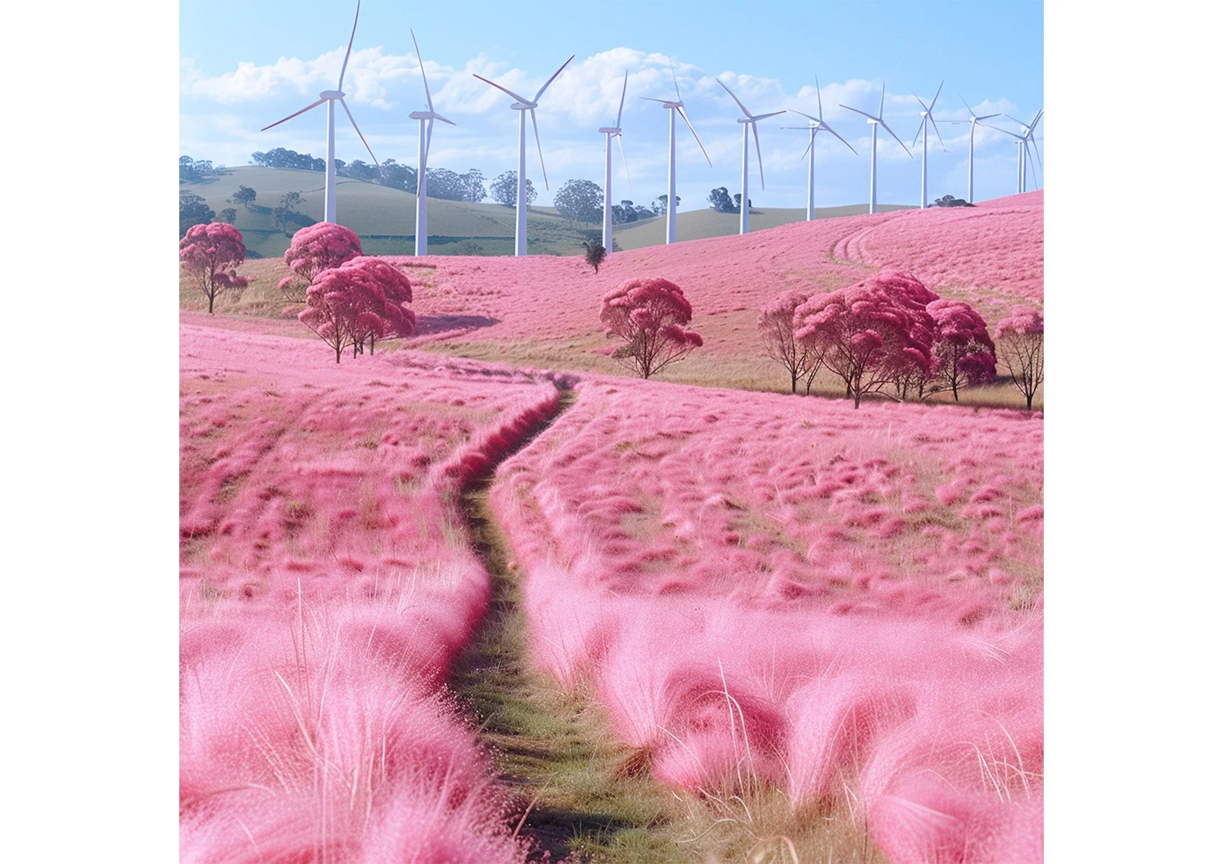 Champ de fleurs roses avec des arbres rose foncé, un chemin sinueux, et des éoliennes au loin sous un ciel bleu avec des nuages.